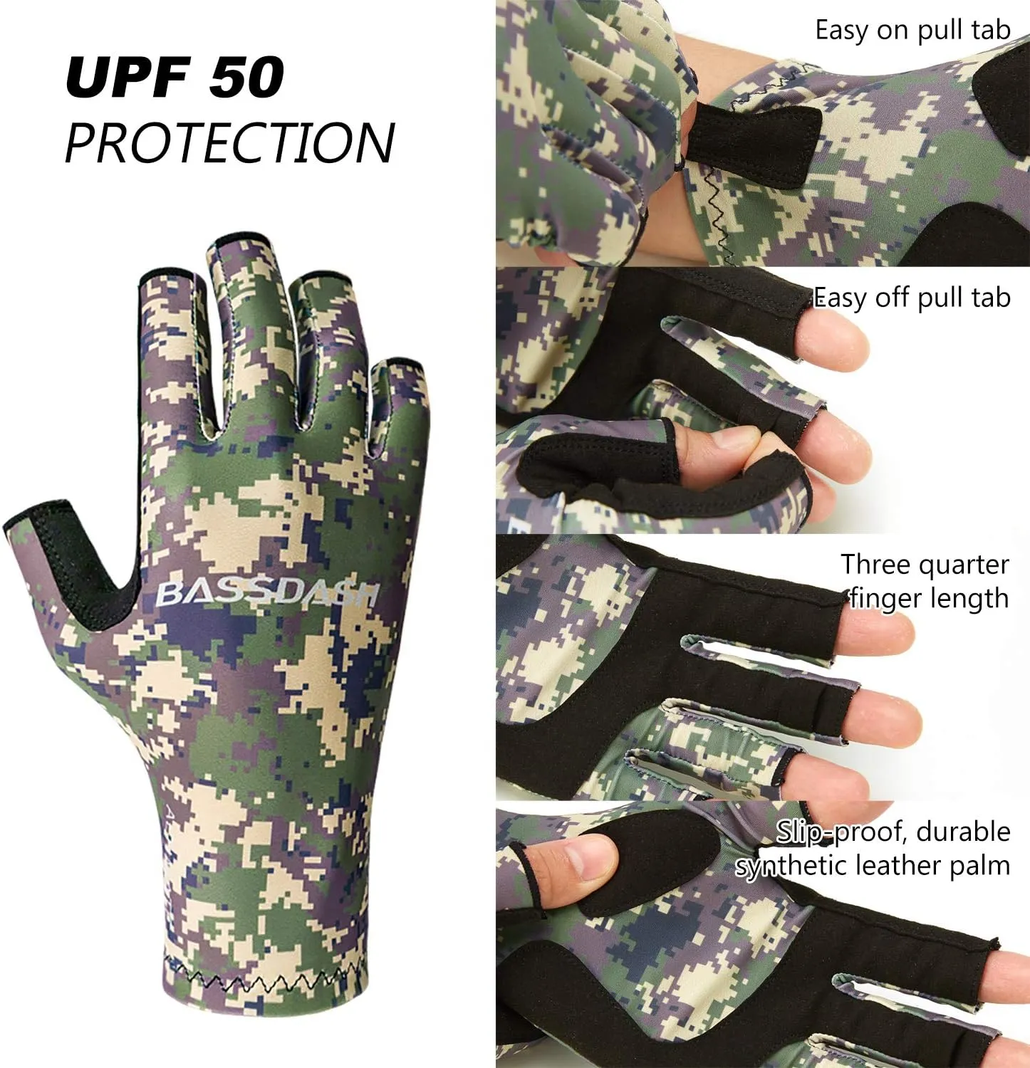 BASSDASH ALTIMATE Fishing Gloves Sun Protection Fingerless Hunting UPF 50  Men’s Women’s UV Gloves