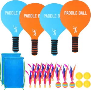 Beach Paddle Ball Set - Funny Paddleball Rackets Game, Outdoor Sports Toys for Kids Adults Family Games Beach Yard Lawn Party Supplies(4 Paddles, 13 Birdies, 4 Balls, 2 Drawstring Bags)