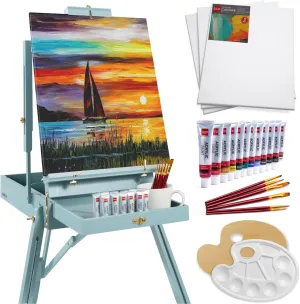 Best Choice Products French Easel, 32pc Beginners Kit Portable Wooden Folding Adjustable Sketch Box Artist Tripod for Painting, Drawing w/Acrylic Paints, Brushes, Canvases, Palettes - Blue