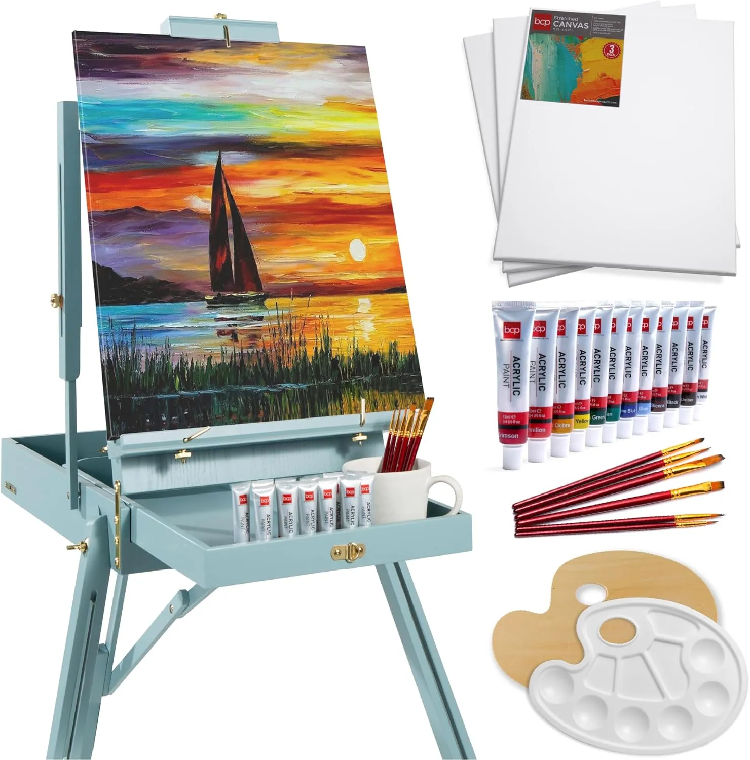 Best Choice Products French Easel, 32pc Beginners Kit Portable Wooden Folding Adjustable Sketch Box Artist Tripod for Painting, Drawing w/Acrylic Paints, Brushes, Canvases, Palettes - Blue