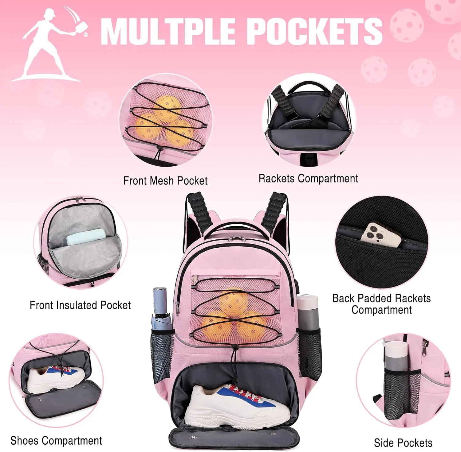 Bevalsa Pickleball Bag for Women Men Teens, Tennis Bag with Shoe Compartment, Multifunctional Sports Padel Racket Bag Badminton Backpack Fits 4 Rackets with Fence Hook