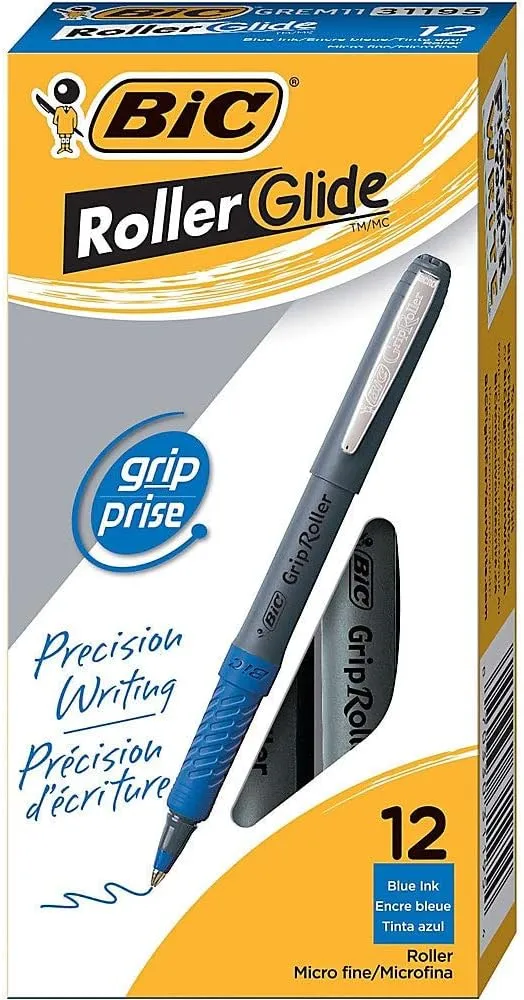 BIC Grip Stick Roller Ball Pen, Micro Fine Point (0.5 mm), Blue Ink, 12 Pens