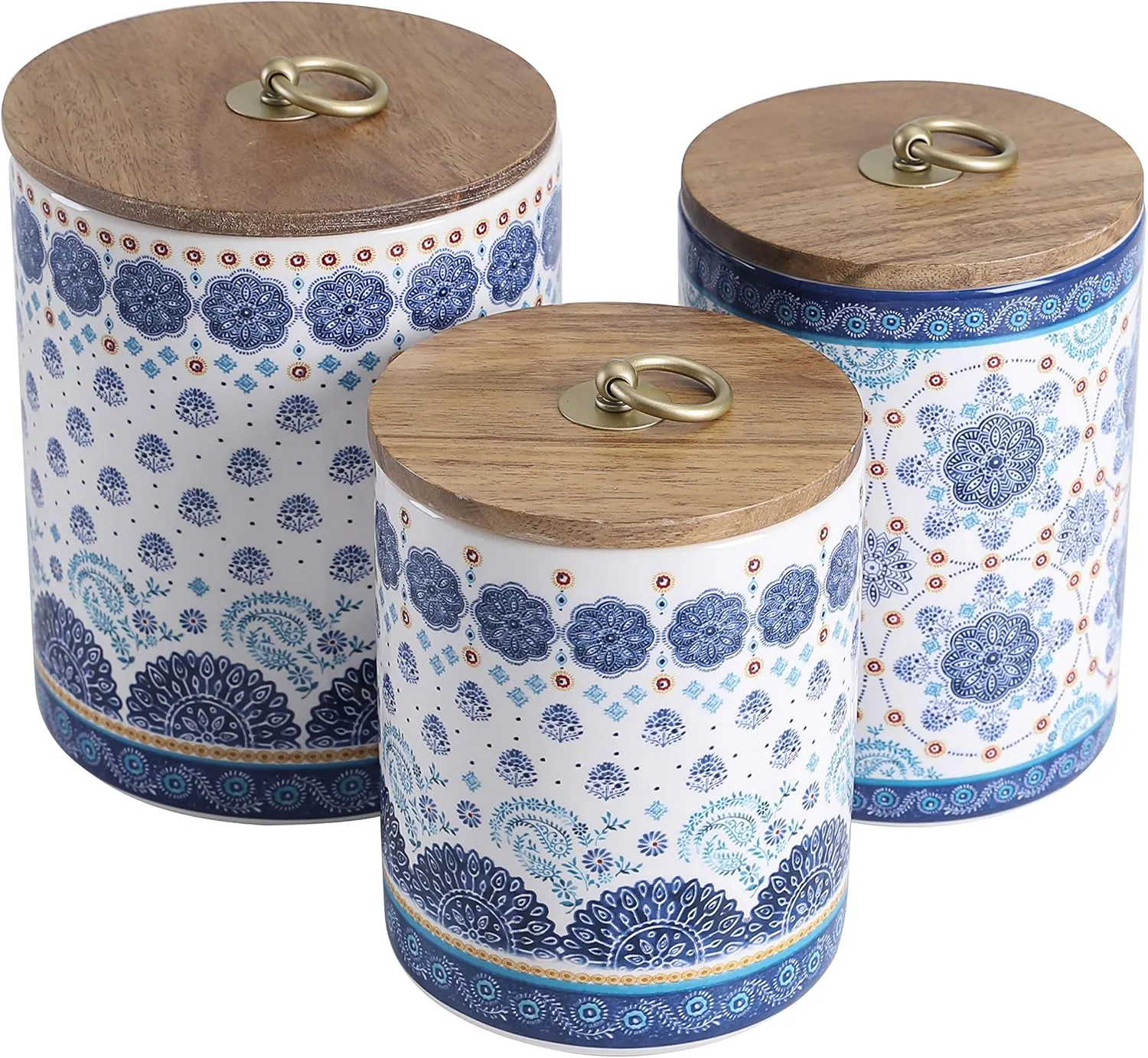 Bico Blue Talavera Ceramic Canister Set of 3 for Kitchen Counter, 62oz, 40oz, 32oz each, with Wooden Air Tight Lid, Food Storage Jar for storing Coffee, Tea, Spice, Dishwasher Safe