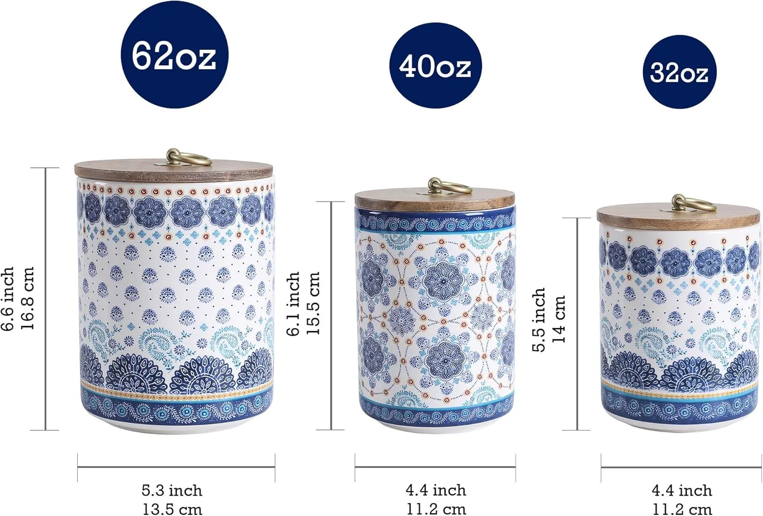 Bico Blue Talavera Ceramic Canister Set of 3 for Kitchen Counter, 62oz, 40oz, 32oz each, with Wooden Air Tight Lid, Food Storage Jar for storing Coffee, Tea, Spice, Dishwasher Safe