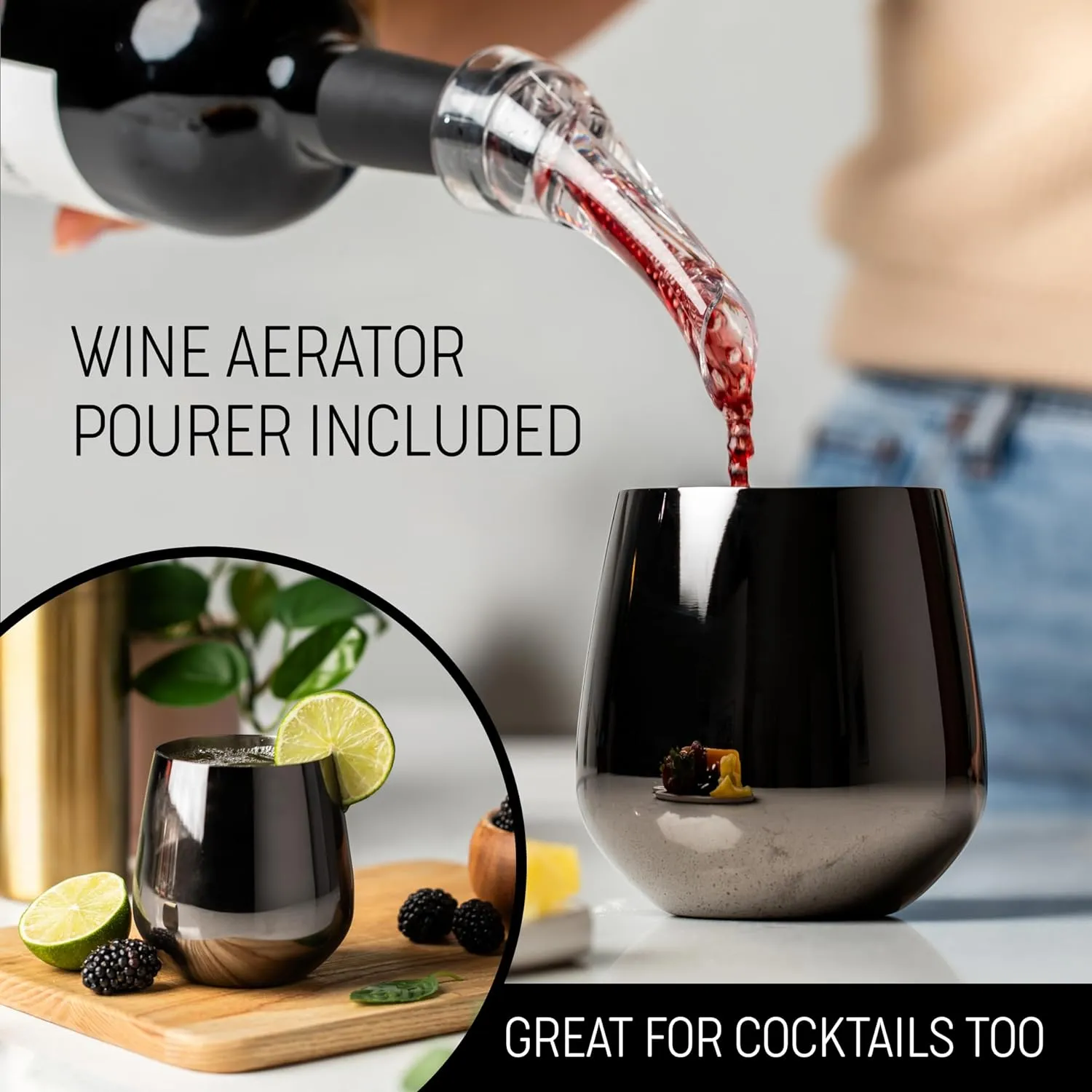Black Wine Glasses - Stemless Stainless Steel Wine Glasses Set of 4 with Aerator - Unbreakable Metal Glass for Outdoor, Travel, Camping, Pool - 18oz