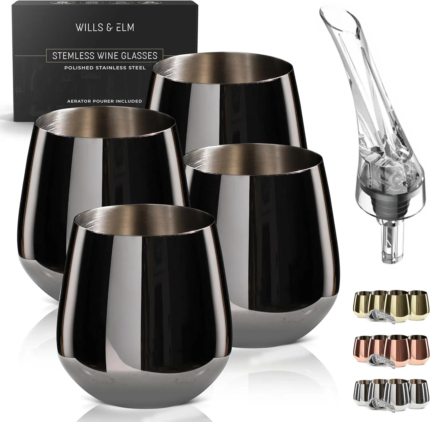 Black Wine Glasses - Stemless Stainless Steel Wine Glasses Set of 4 with Aerator - Unbreakable Metal Glass for Outdoor, Travel, Camping, Pool - 18oz