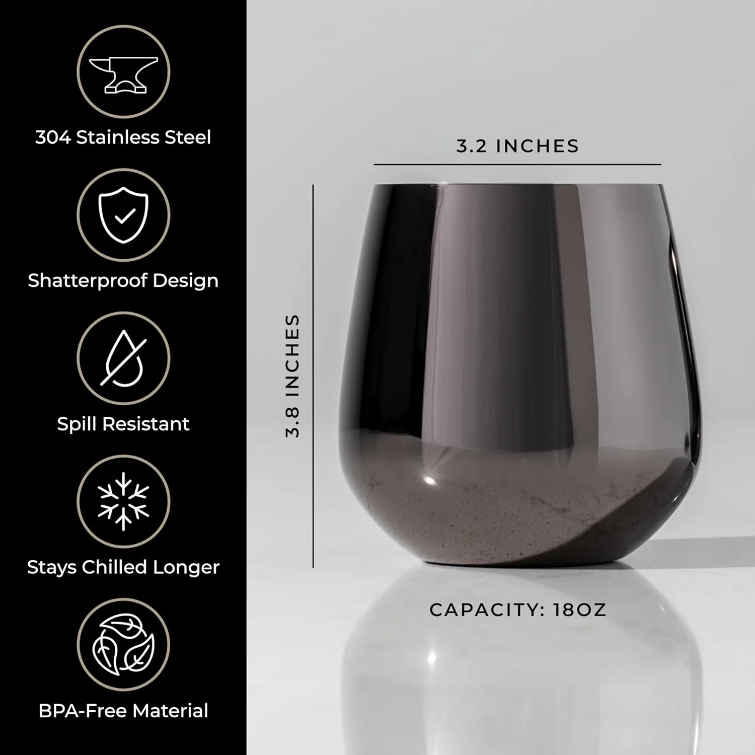 Black Wine Glasses - Stemless Stainless Steel Wine Glasses Set of 4 with Aerator - Unbreakable Metal Glass for Outdoor, Travel, Camping, Pool - 18oz