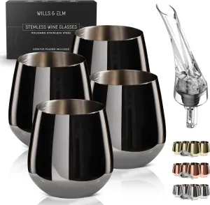 Black Wine Glasses - Stemless Stainless Steel Wine Glasses Set of 4 with Aerator - Unbreakable Metal Glass for Outdoor, Travel, Camping, Pool - 18oz