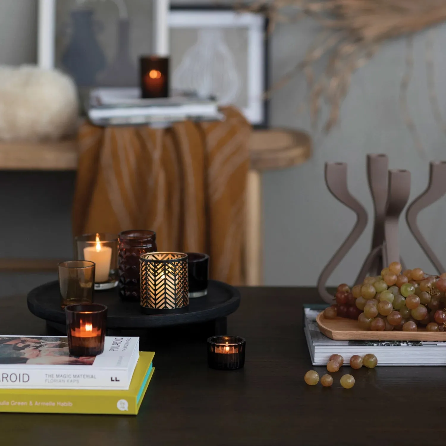 Bloomingville - Glass & Metal Votive Holders with Wooden Tray