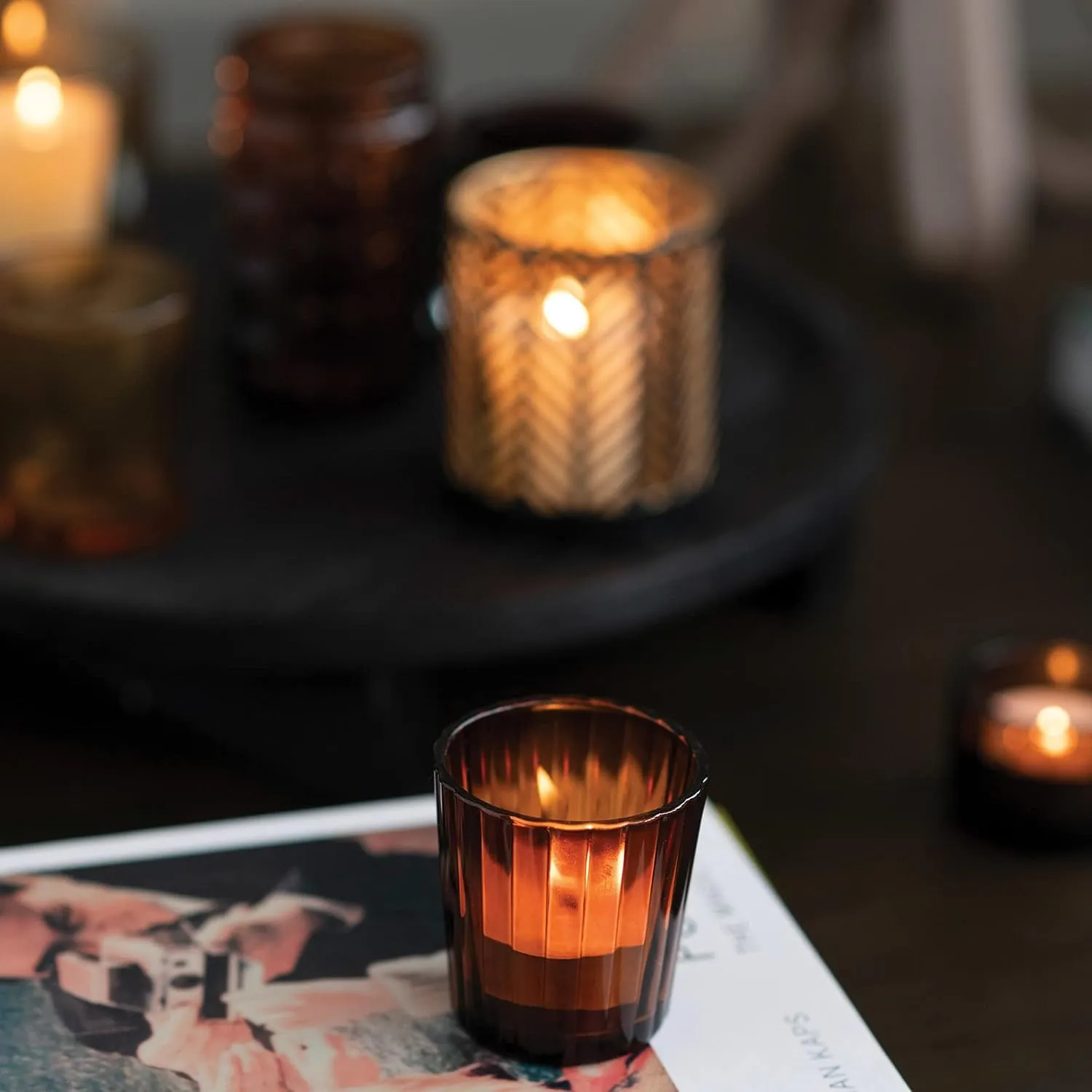 Bloomingville - Glass & Metal Votive Holders with Wooden Tray