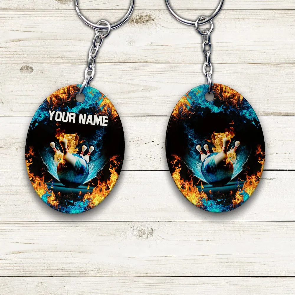 Blue Bowling Ball And Pins On Fire Personalized Name 3D Keychain