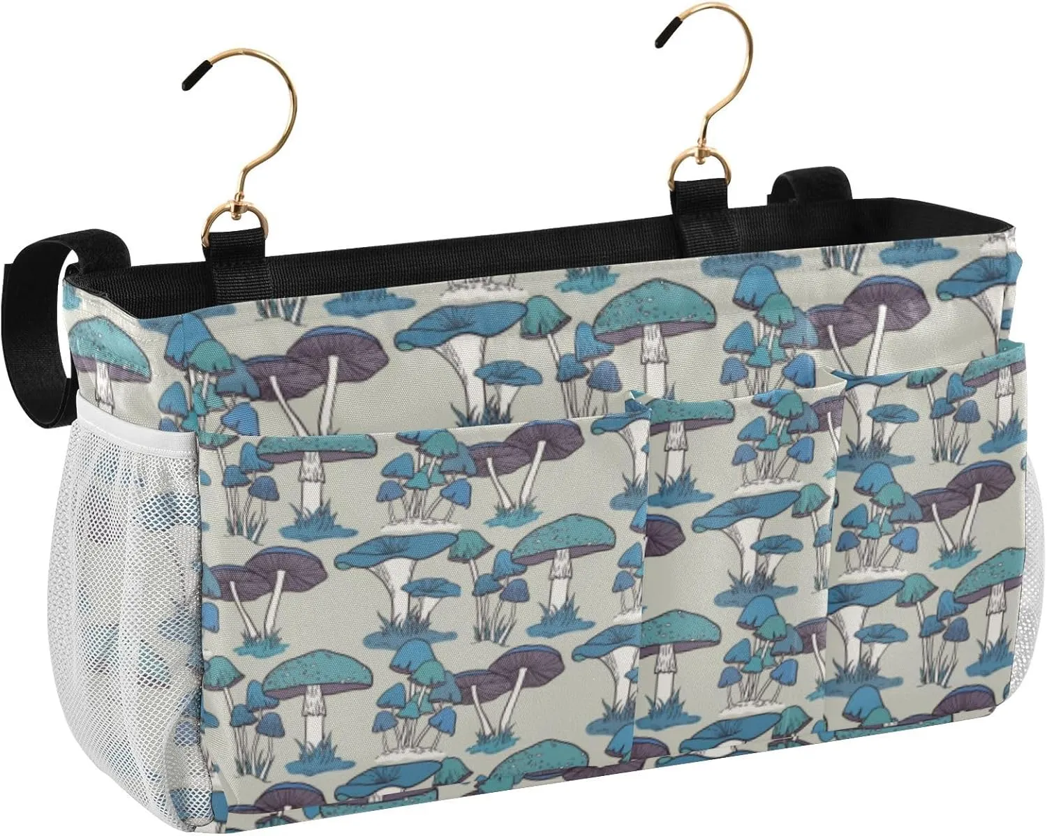 Blue Seamless Pattern Vintage Retro Style Iron Frame Bedside Hanging Bag Magazine Holders Bedside Bag With Hooks for Dorm Bed Bunk Bed 14.2 x 4.9 x 7.9 inch