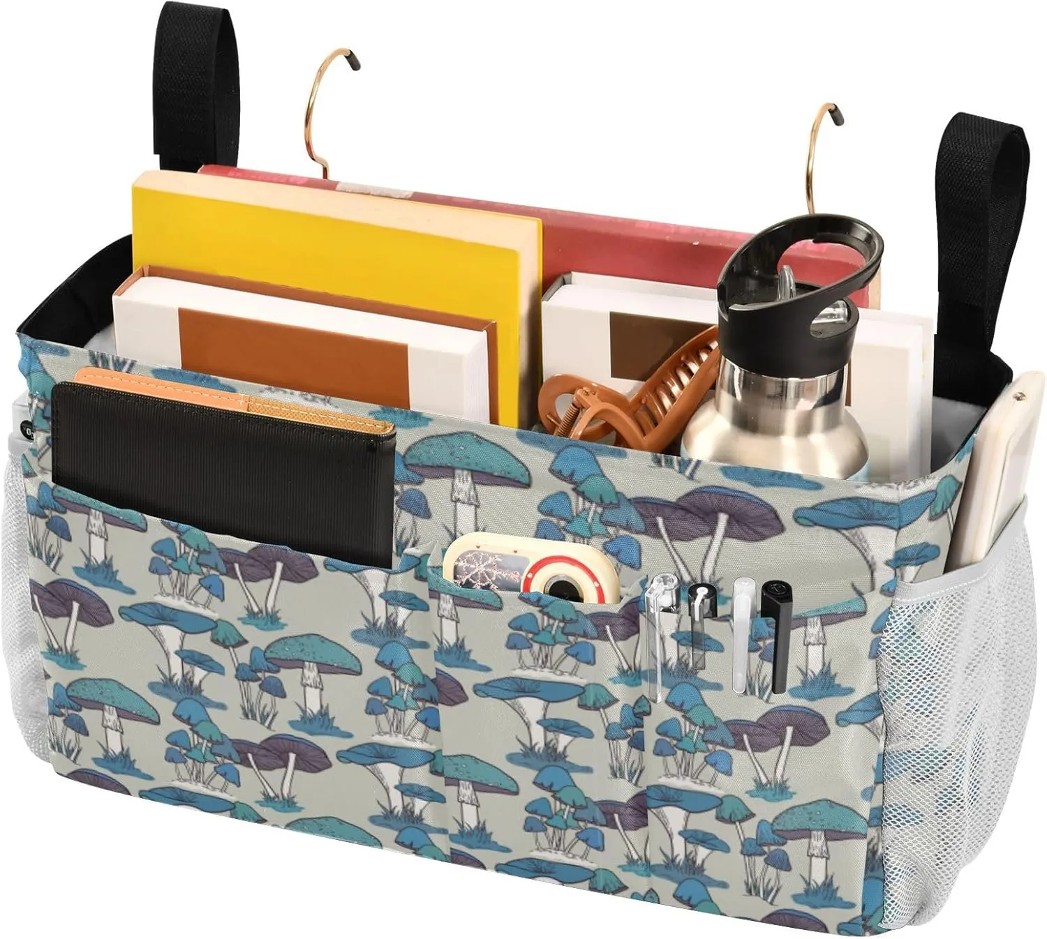 Blue Seamless Pattern Vintage Retro Style Iron Frame Bedside Hanging Bag Magazine Holders Bedside Bag With Hooks for Dorm Bed Bunk Bed 14.2 x 4.9 x 7.9 inch