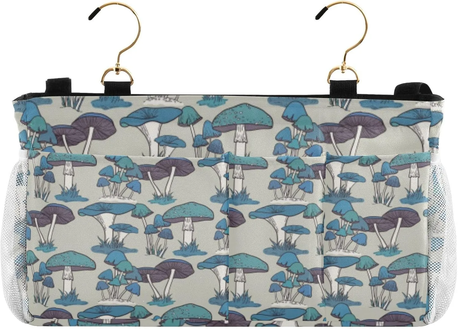 Blue Seamless Pattern Vintage Retro Style Iron Frame Bedside Hanging Bag Magazine Holders Bedside Bag With Hooks for Dorm Bed Bunk Bed 14.2 x 4.9 x 7.9 inch