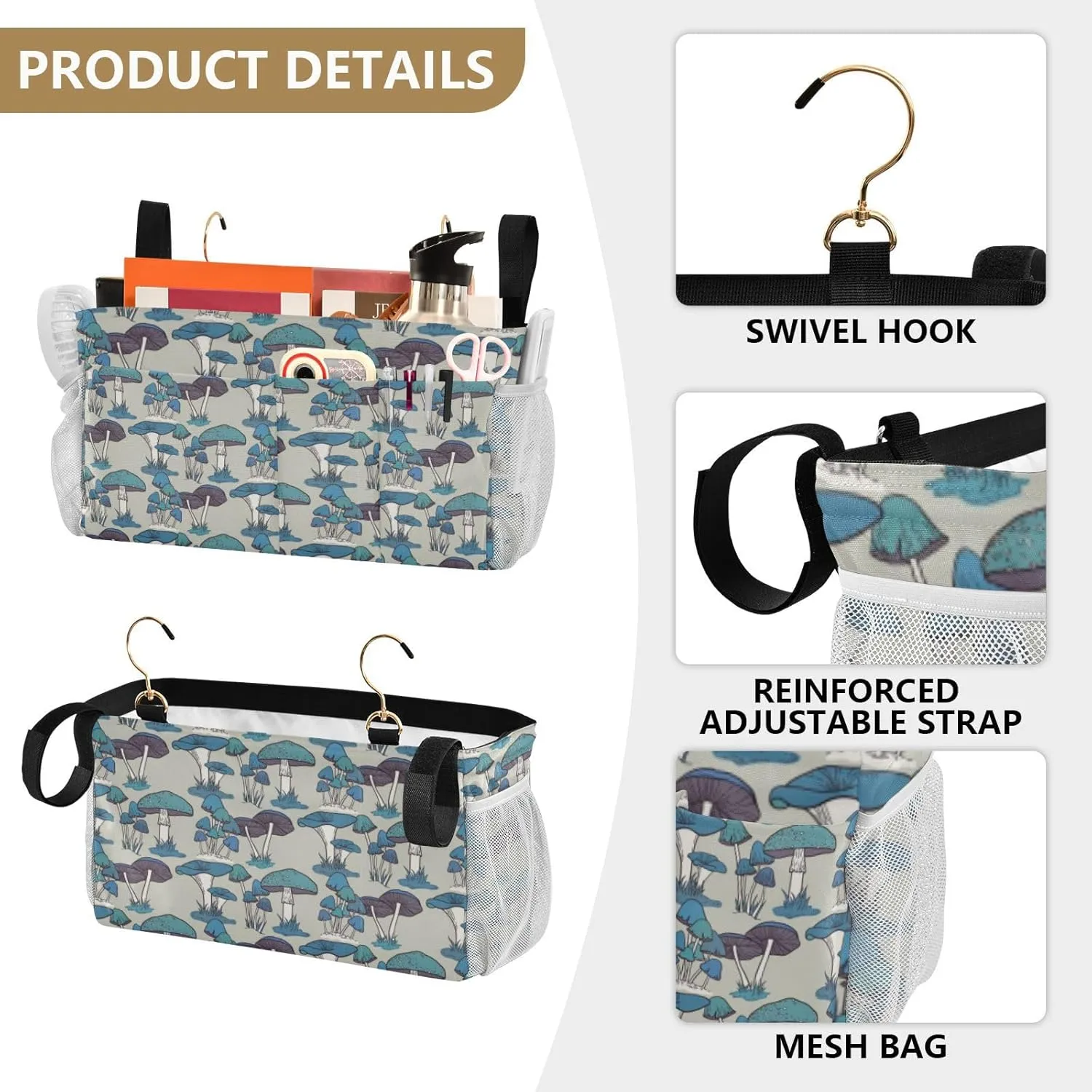 Blue Seamless Pattern Vintage Retro Style Iron Frame Bedside Hanging Bag Magazine Holders Bedside Bag With Hooks for Dorm Bed Bunk Bed 14.2 x 4.9 x 7.9 inch