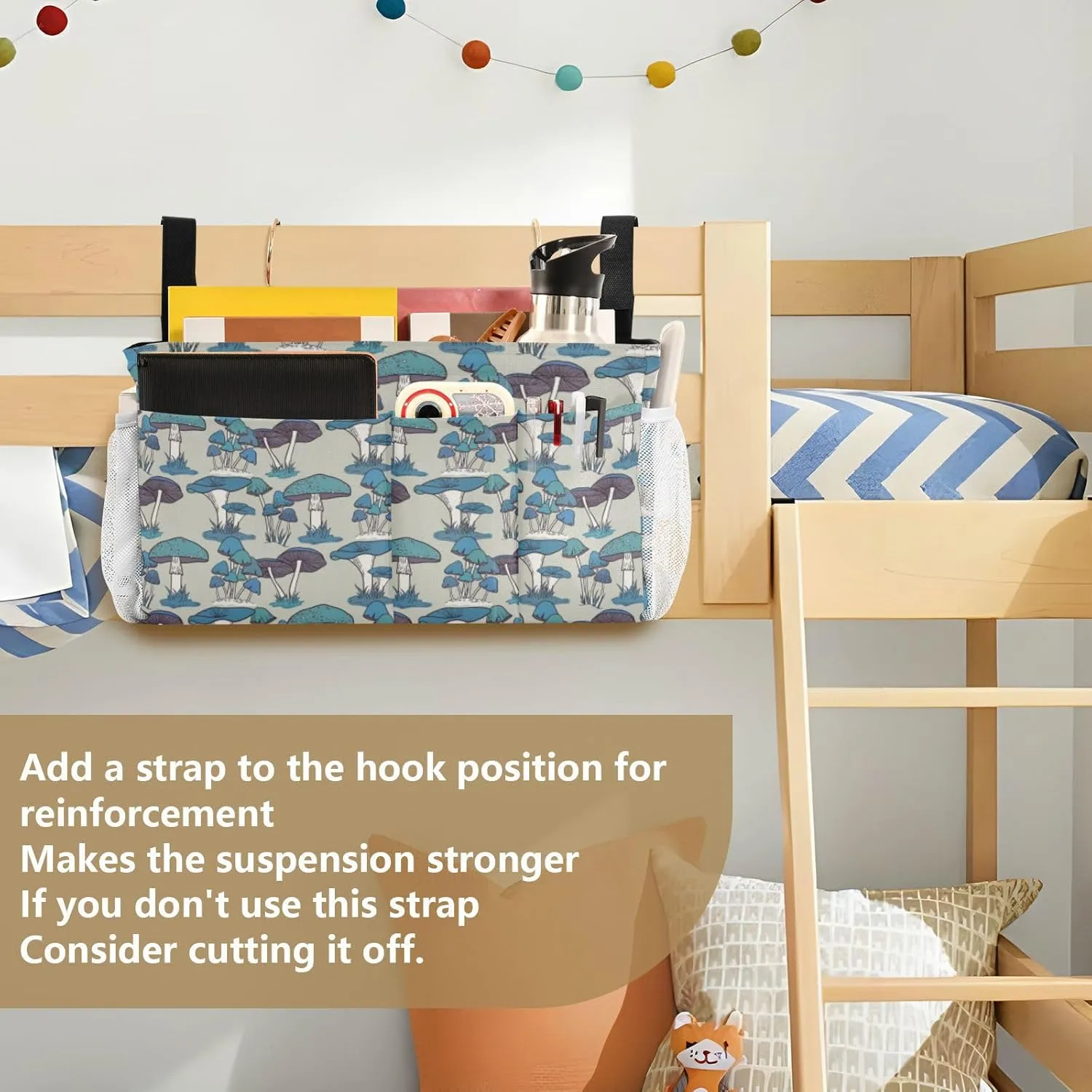 Blue Seamless Pattern Vintage Retro Style Iron Frame Bedside Hanging Bag Magazine Holders Bedside Bag With Hooks for Dorm Bed Bunk Bed 14.2 x 4.9 x 7.9 inch