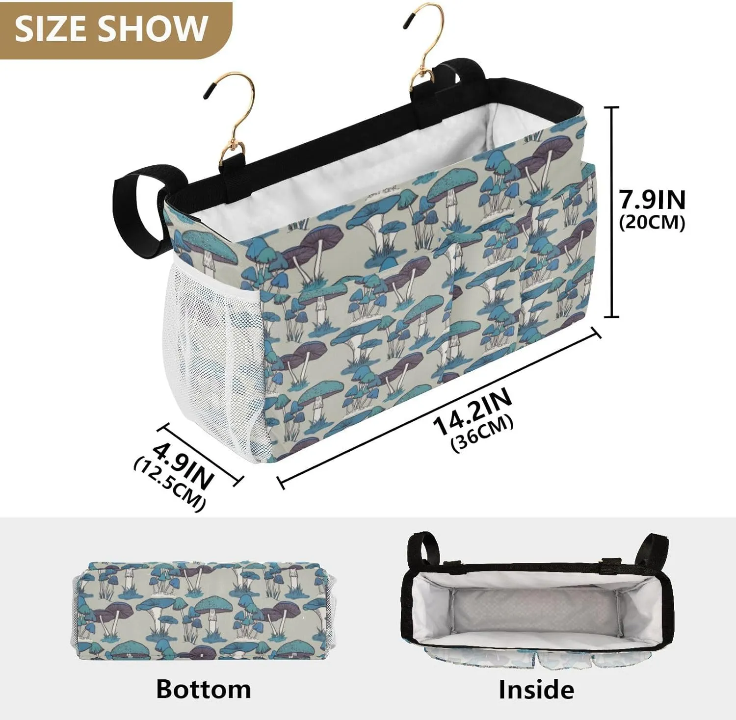 Blue Seamless Pattern Vintage Retro Style Iron Frame Bedside Hanging Bag Magazine Holders Bedside Bag With Hooks for Dorm Bed Bunk Bed 14.2 x 4.9 x 7.9 inch
