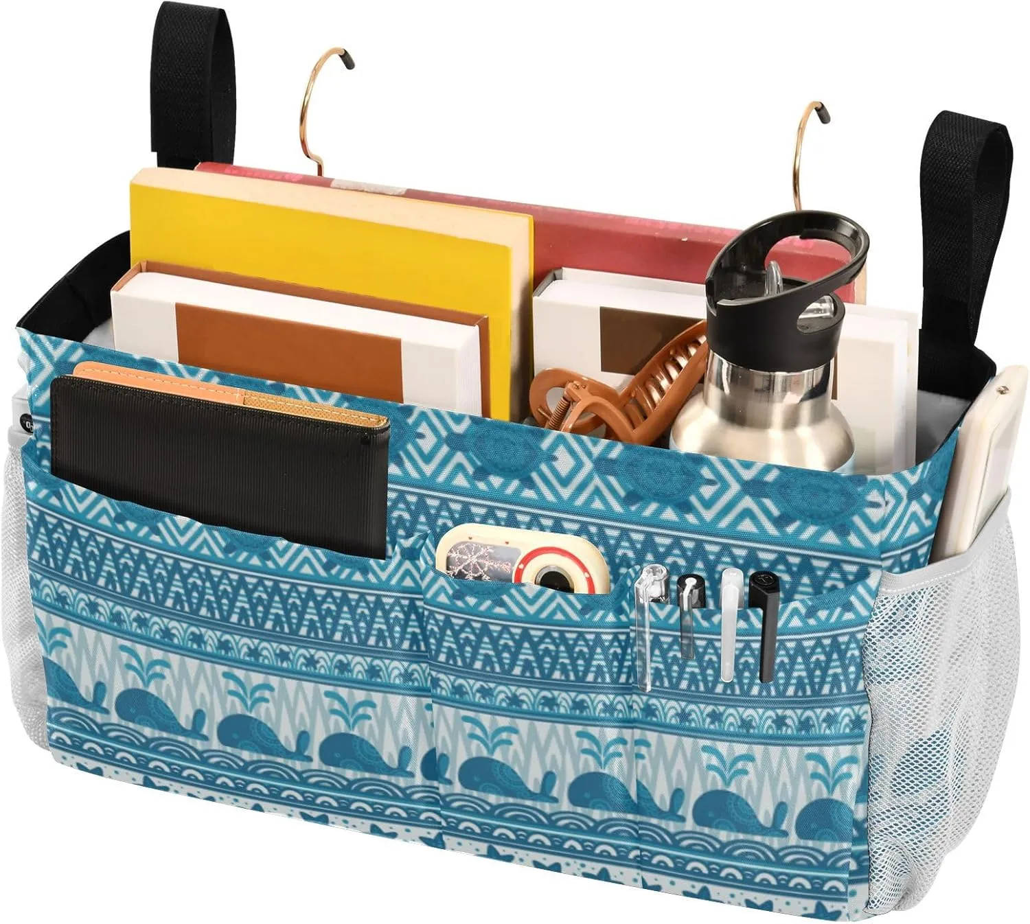 Blue Underwater Mandala Whales Starfish and Sea Turtles Stripes Iron Frame Bedside Hanging Bag Magazine Holders Bedside Bag With Hooks for Dorm Bed Bunk Bed 14.2 x 4.9 x 7.9 inch