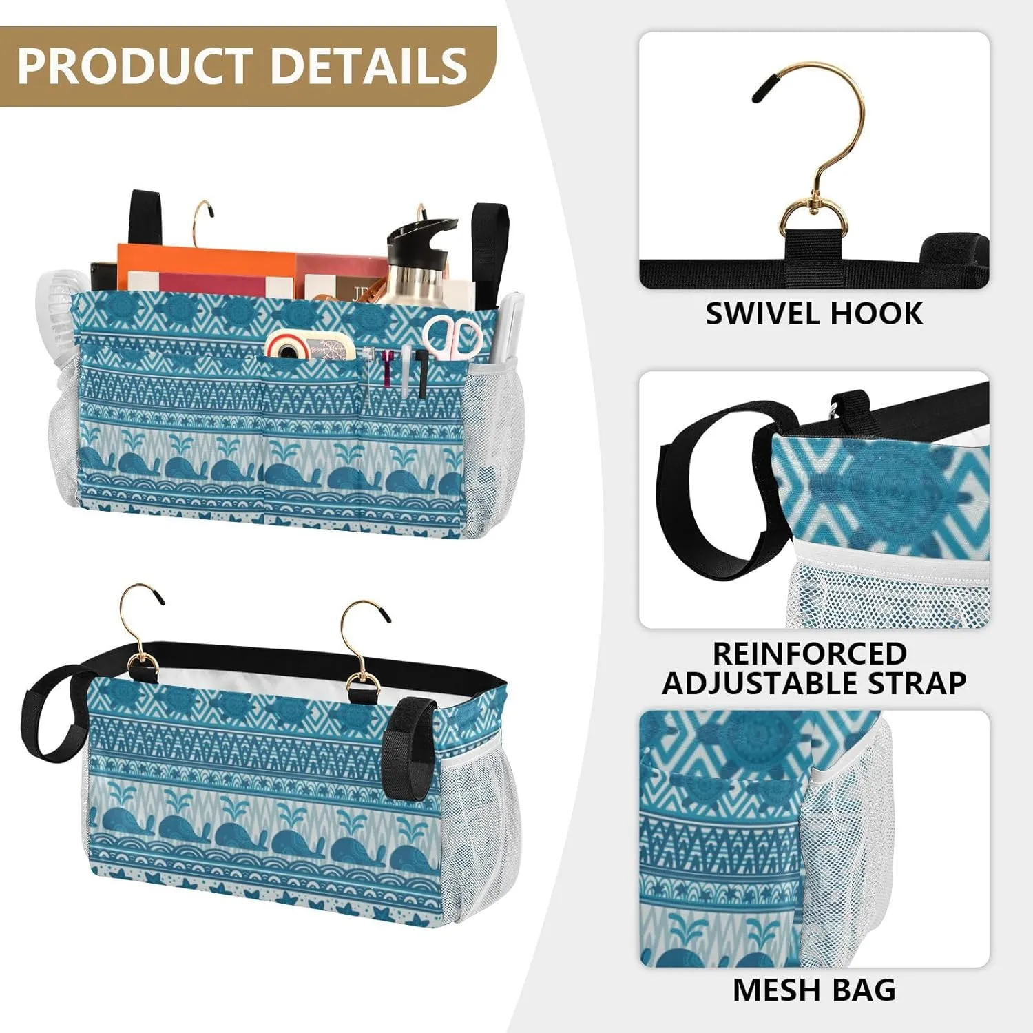 Blue Underwater Mandala Whales Starfish and Sea Turtles Stripes Iron Frame Bedside Hanging Bag Magazine Holders Bedside Bag With Hooks for Dorm Bed Bunk Bed 14.2 x 4.9 x 7.9 inch