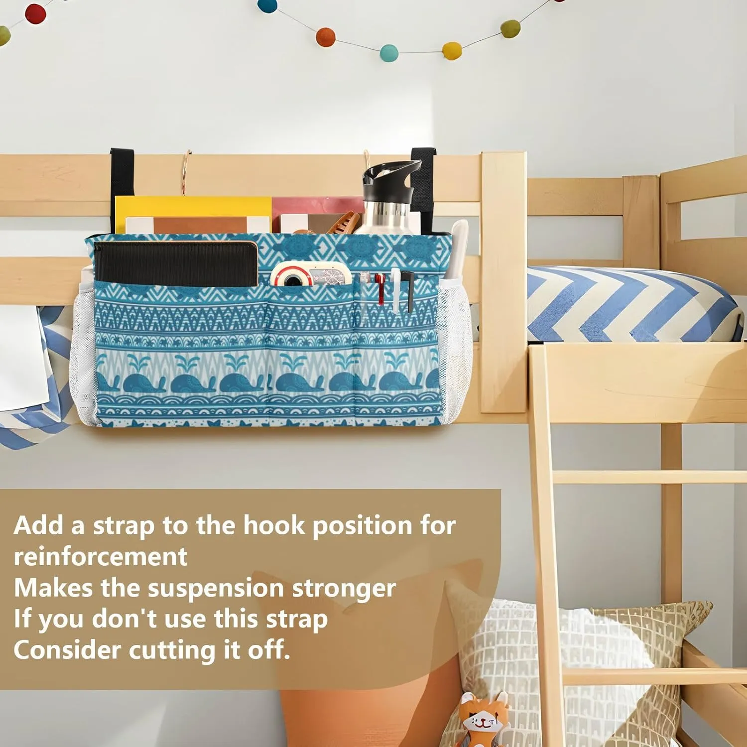 Blue Underwater Mandala Whales Starfish and Sea Turtles Stripes Iron Frame Bedside Hanging Bag Magazine Holders Bedside Bag With Hooks for Dorm Bed Bunk Bed 14.2 x 4.9 x 7.9 inch