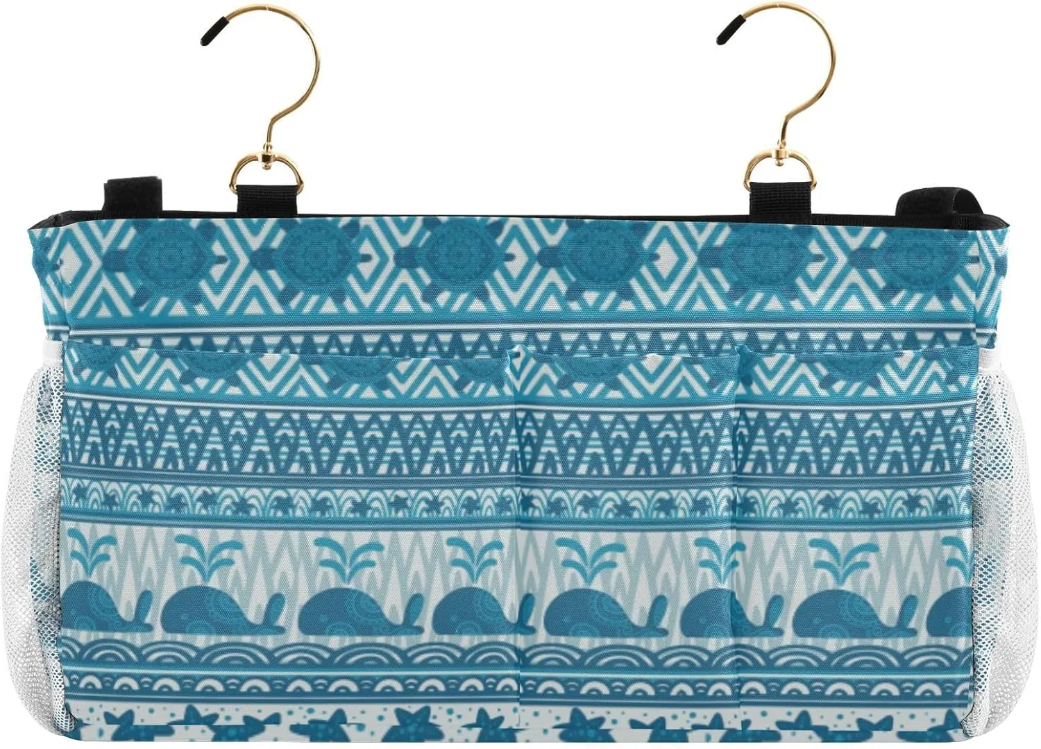 Blue Underwater Mandala Whales Starfish and Sea Turtles Stripes Iron Frame Bedside Hanging Bag Magazine Holders Bedside Bag With Hooks for Dorm Bed Bunk Bed 14.2 x 4.9 x 7.9 inch