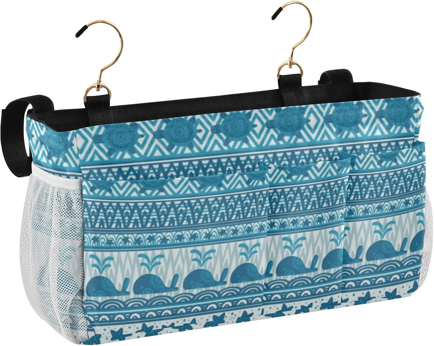 Blue Underwater Mandala Whales Starfish and Sea Turtles Stripes Iron Frame Bedside Hanging Bag Magazine Holders Bedside Bag With Hooks for Dorm Bed Bunk Bed 14.2 x 4.9 x 7.9 inch