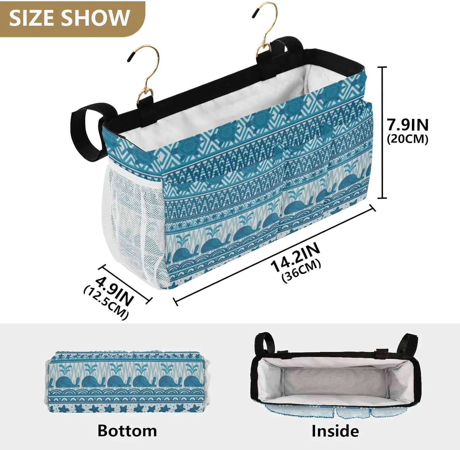 Blue Underwater Mandala Whales Starfish and Sea Turtles Stripes Iron Frame Bedside Hanging Bag Magazine Holders Bedside Bag With Hooks for Dorm Bed Bunk Bed 14.2 x 4.9 x 7.9 inch