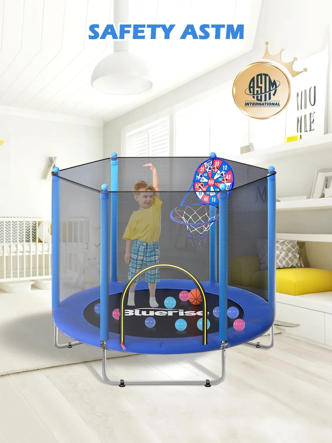 BLUERISE 60" Trampoline for Kids, 5 FT Small Toddler Indoor & Outdoor Trampoline, Basketball Hoop & Dart Board, Baby Trampoline Toys, Gifts for Boy and Girl, Baby Toddler Christmas Toys