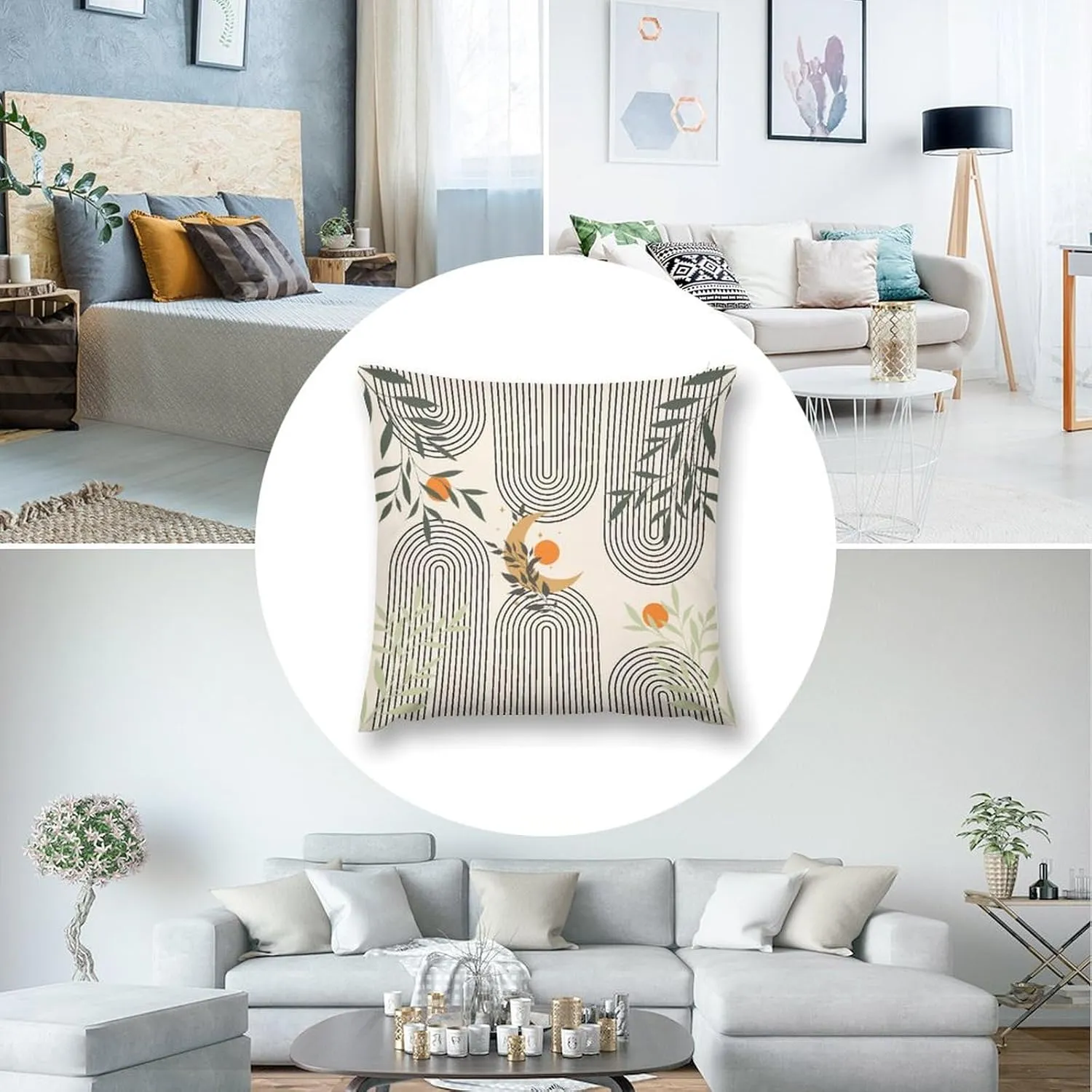 Boho Pillow Covers Set of 2,Modern Sun Minimalist Curve Beige Geometric Boho Throw Pillow Covers 16x16 Inches Cotton Square Pillow Protectors for Couch Bed Living Room Outdoor Decor 16 "x16
