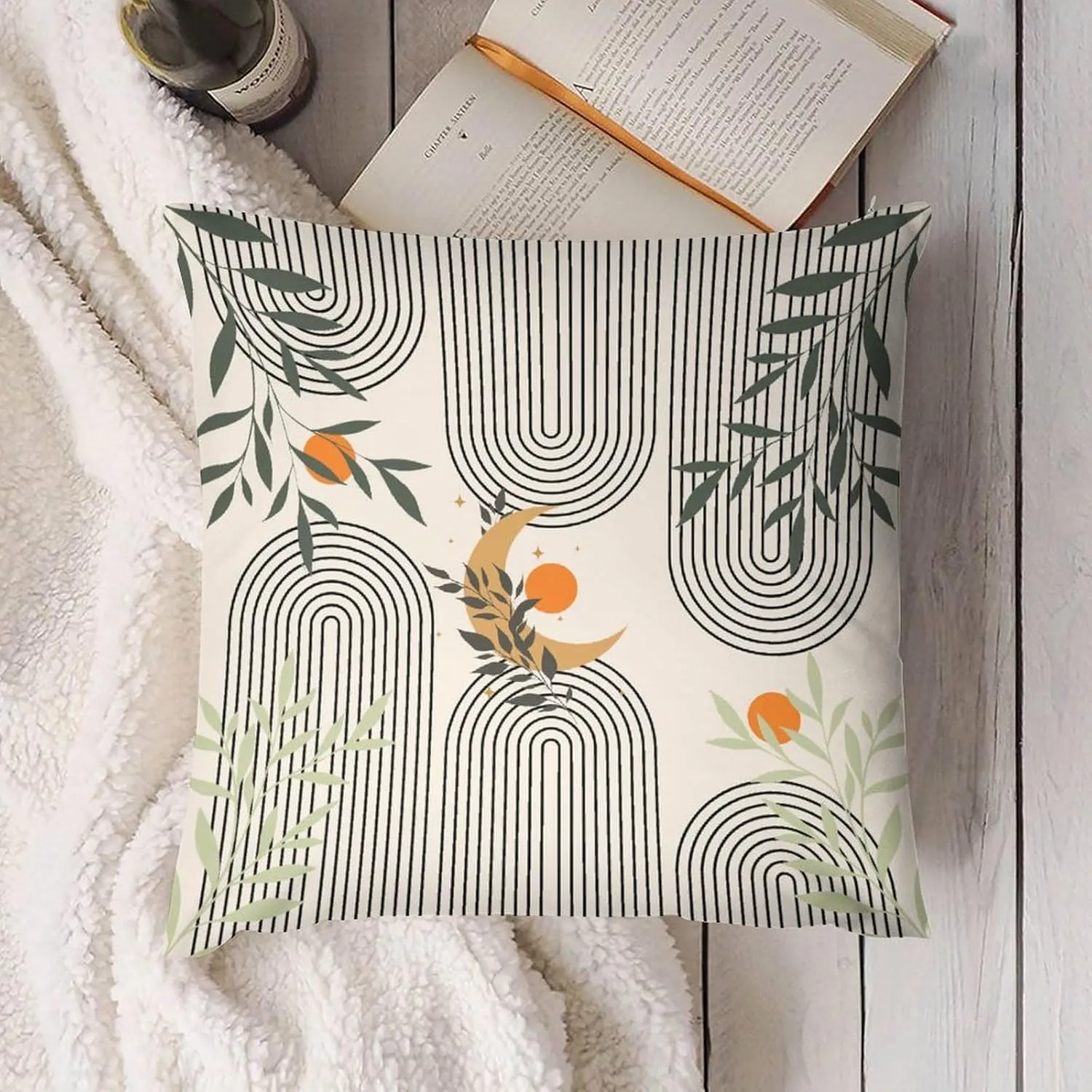 Boho Pillow Covers Set of 2,Modern Sun Minimalist Curve Beige Geometric Boho Throw Pillow Covers 16x16 Inches Cotton Square Pillow Protectors for Couch Bed Living Room Outdoor Decor 16 "x16