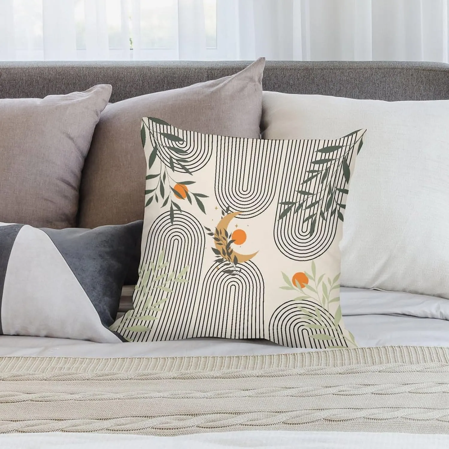 Boho Pillow Covers Set of 2,Modern Sun Minimalist Curve Beige Geometric Boho Throw Pillow Covers 16x16 Inches Cotton Square Pillow Protectors for Couch Bed Living Room Outdoor Decor 16 "x16