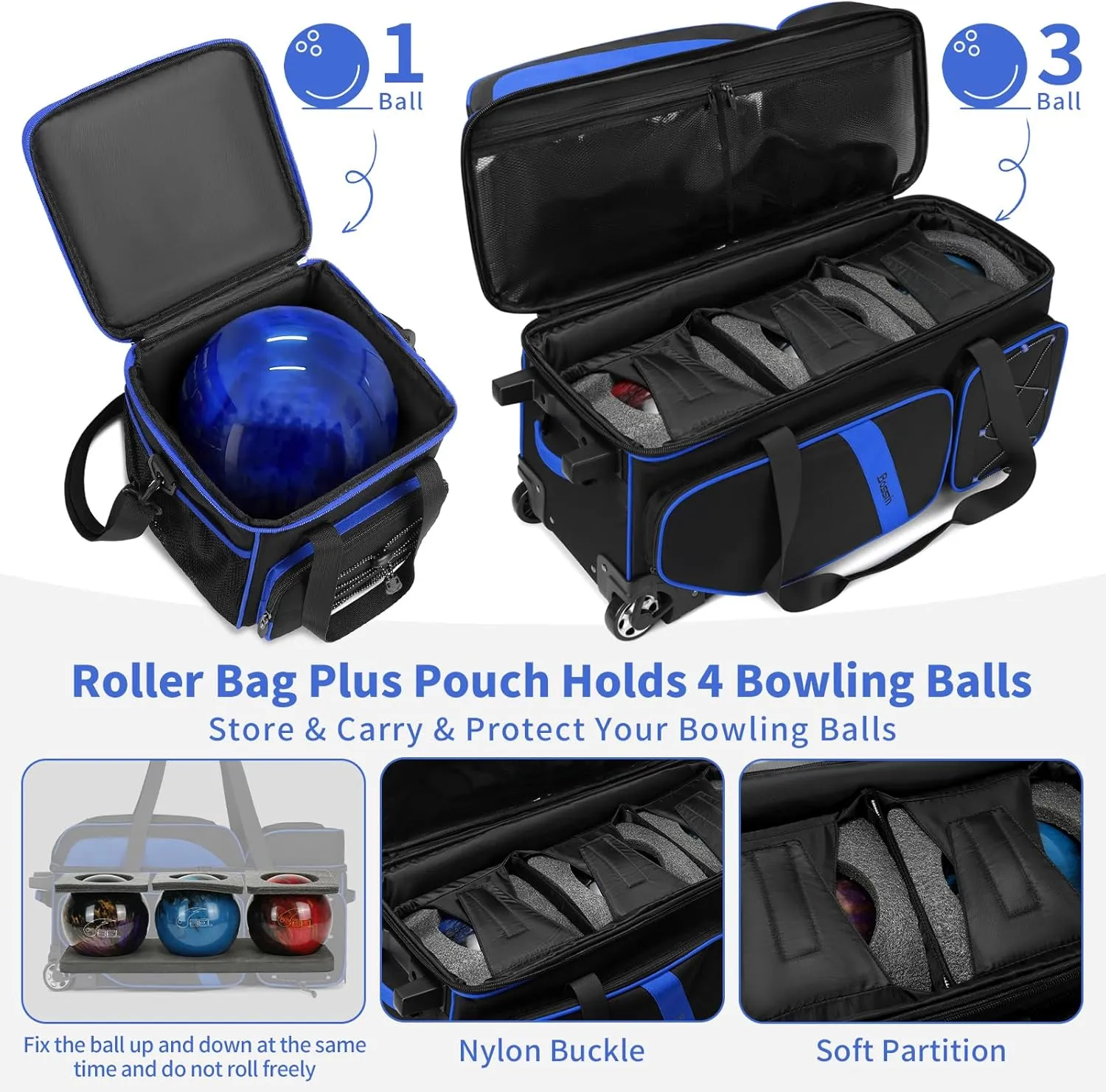 BOSSTIN 3-4 Ball Bowling Bags with Wheels, Secure Hook & Loop Fixed Ball Cup & Shoe Compartment (Fits Up to Size 16), Roller with Multi-Pockets