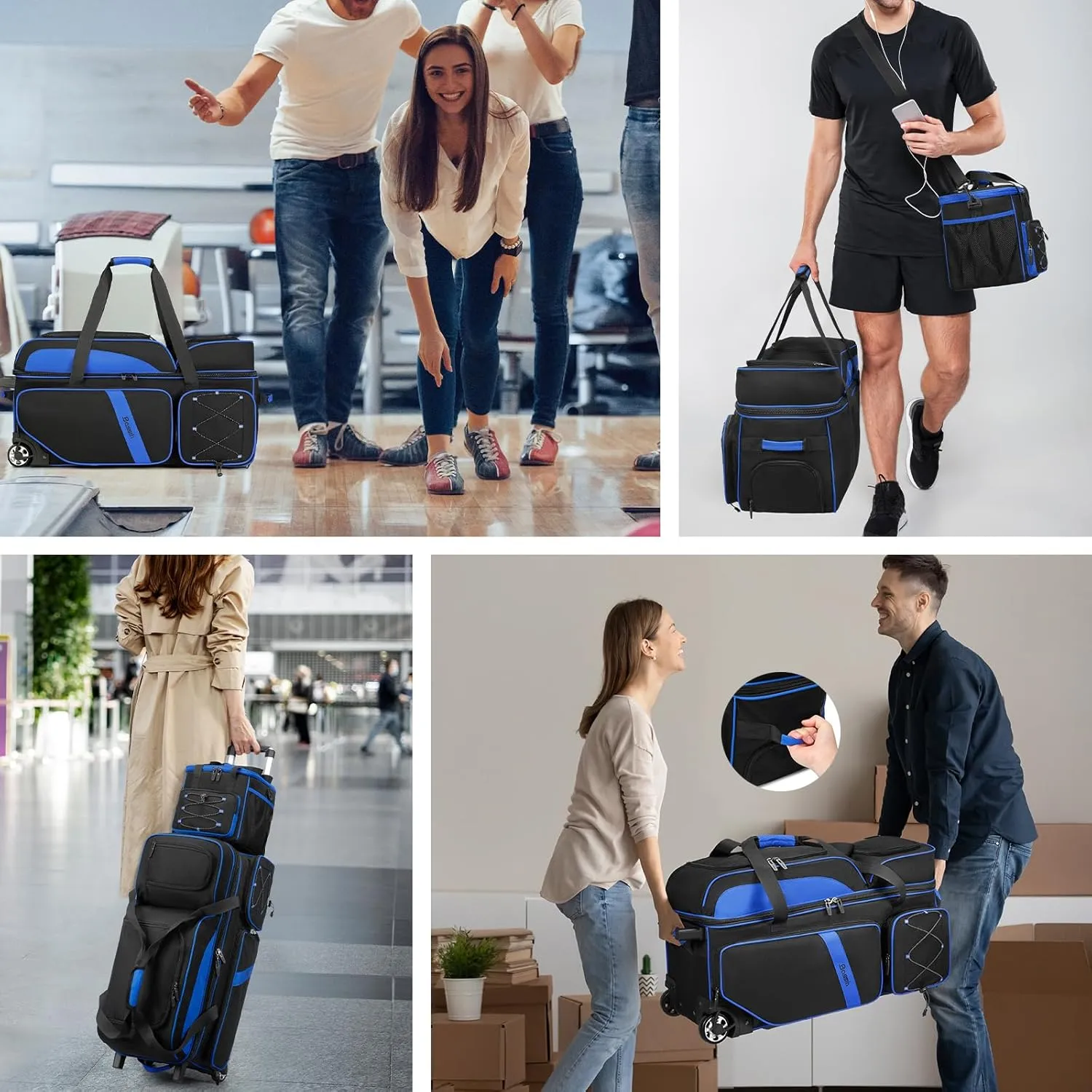 BOSSTIN 3-4 Ball Bowling Bags with Wheels, Secure Hook & Loop Fixed Ball Cup & Shoe Compartment (Fits Up to Size 16), Roller with Multi-Pockets