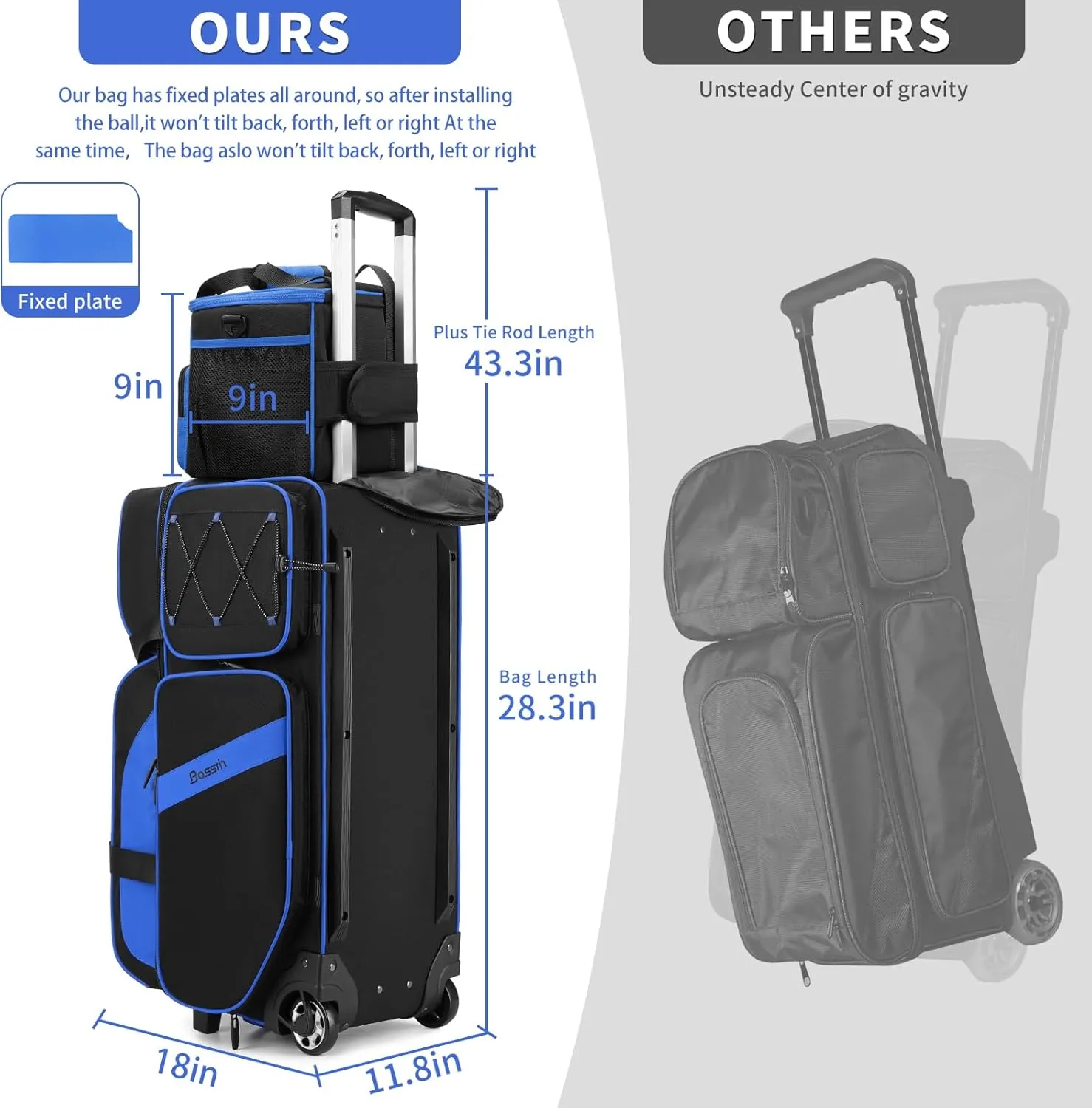 BOSSTIN 3-4 Ball Bowling Bags with Wheels, Secure Hook & Loop Fixed Ball Cup & Shoe Compartment (Fits Up to Size 16), Roller with Multi-Pockets
