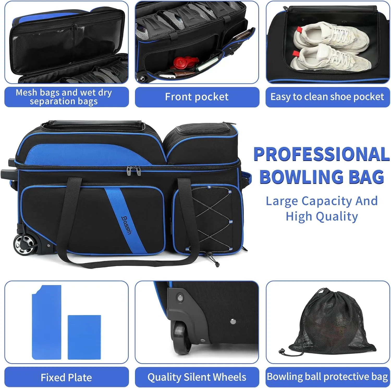 BOSSTIN 3-4 Ball Bowling Bags with Wheels, Secure Hook & Loop Fixed Ball Cup & Shoe Compartment (Fits Up to Size 16), Roller with Multi-Pockets