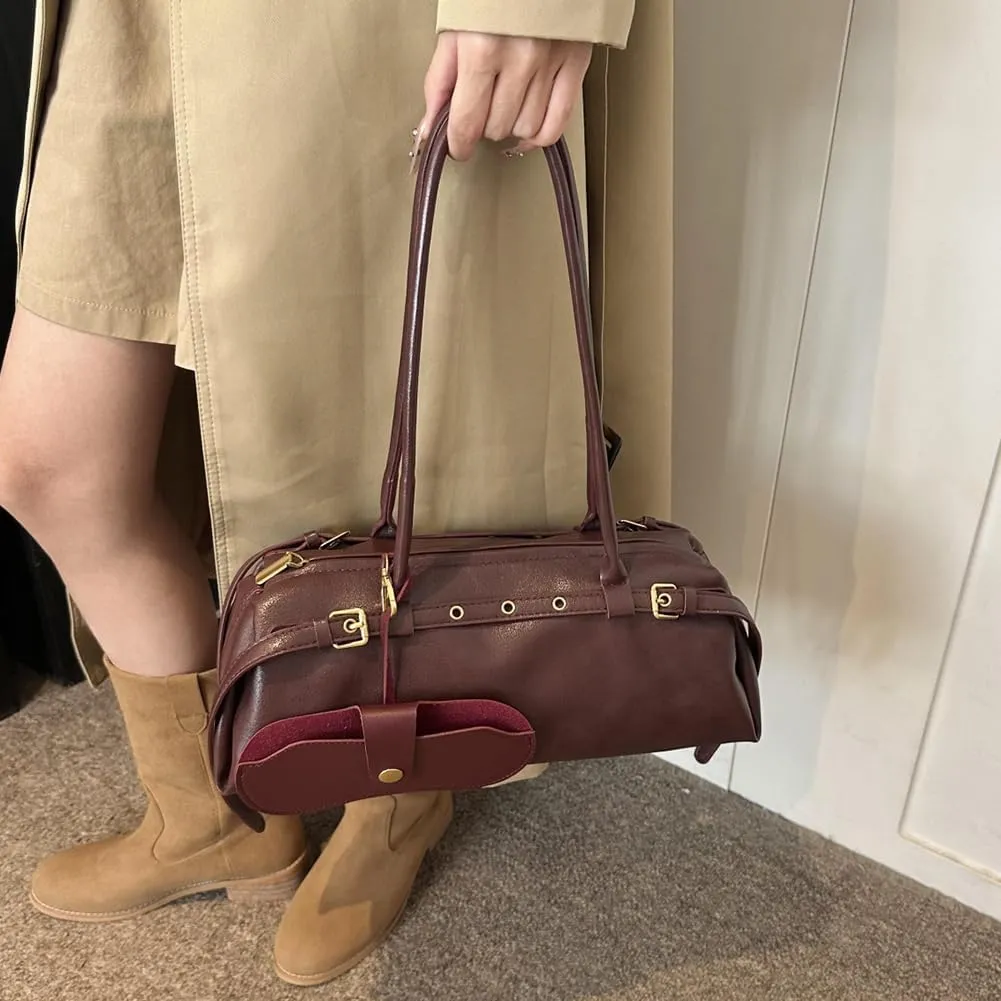 Boston Shoulder Bags for Women PU Leather Tote Bag Casual Bowling Bag Purse Retro Underarm Bag