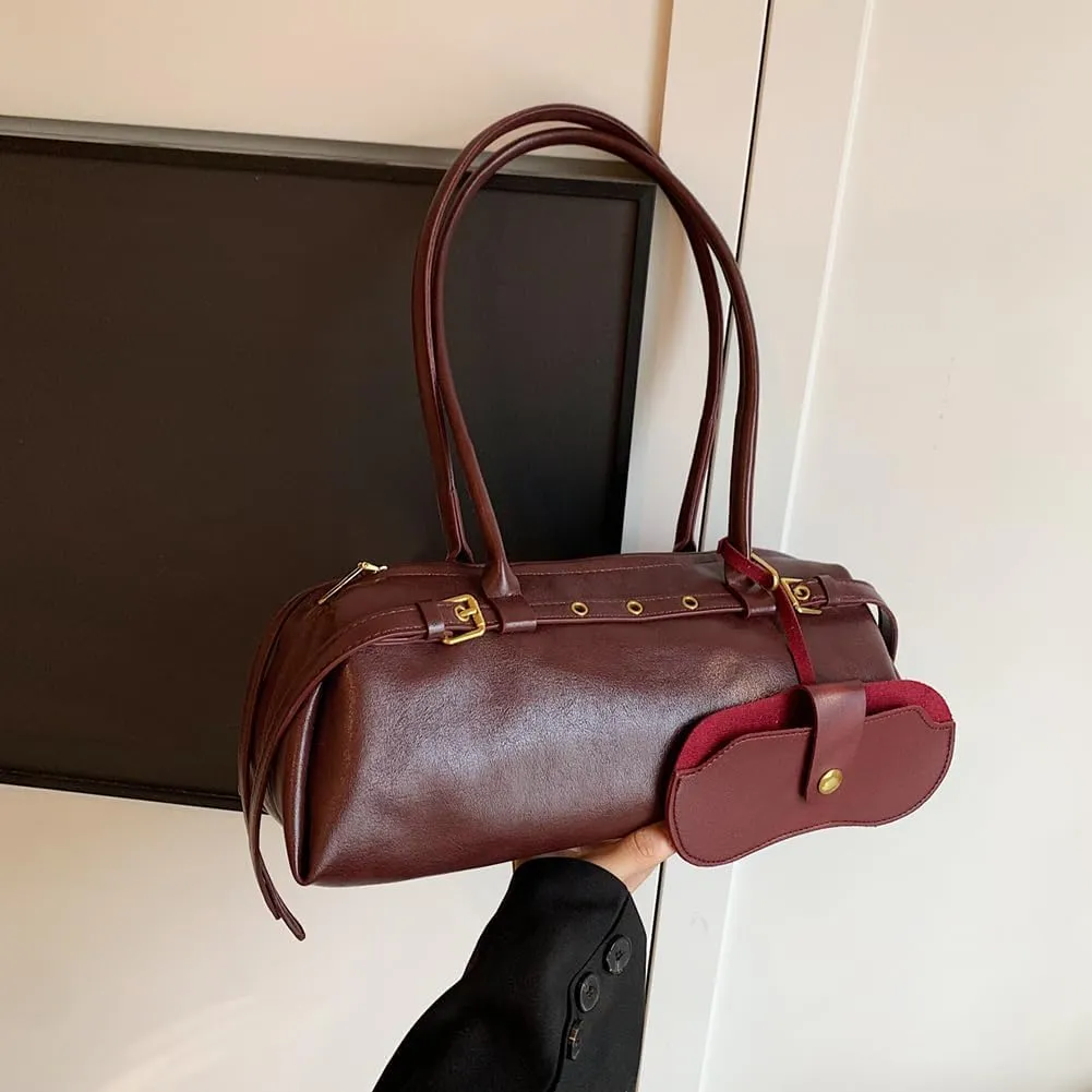 Boston Shoulder Bags for Women PU Leather Tote Bag Casual Bowling Bag Purse Retro Underarm Bag