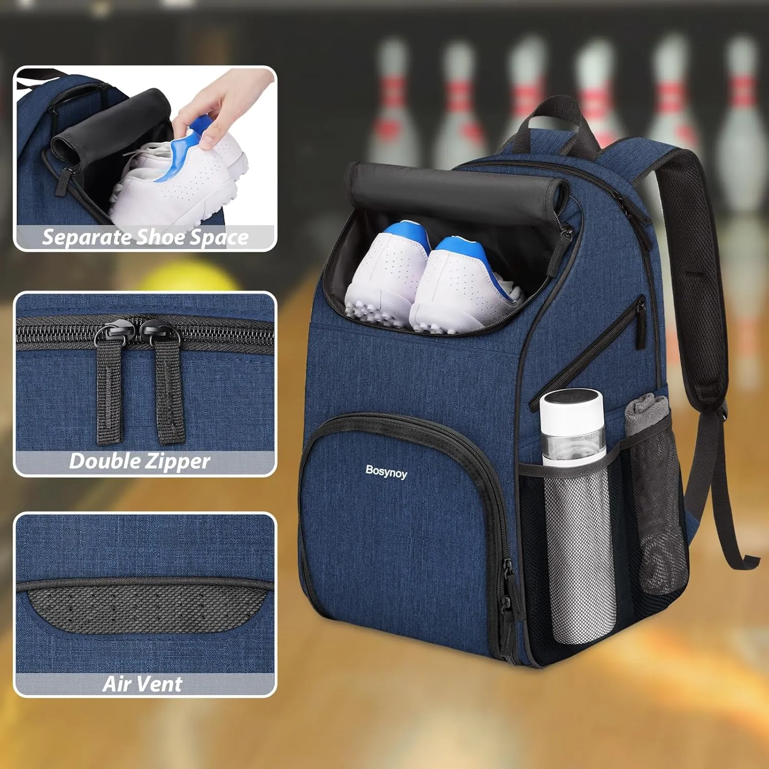Bosynoy Bowling Backpack, Bowling Ball Bag for Single Ball with Shoe Compartment & Protective Foam Padded, Fits Shoes Up to US Mens Size 16, Grey