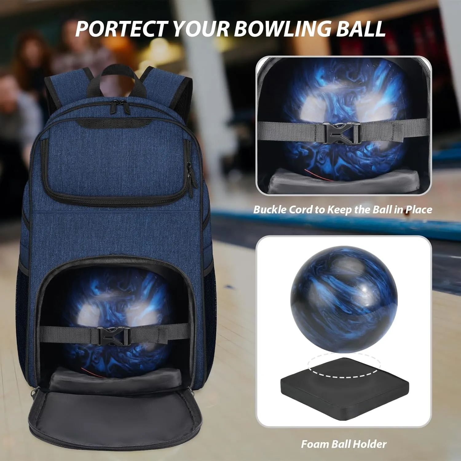 Bosynoy Bowling Backpack, Bowling Ball Bag for Single Ball with Shoe Compartment & Protective Foam Padded, Fits Shoes Up to US Mens Size 16, Grey