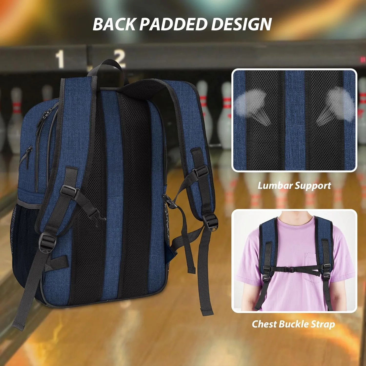 Bosynoy Bowling Backpack, Bowling Ball Bag for Single Ball with Shoe Compartment & Protective Foam Padded, Fits Shoes Up to US Mens Size 16, Grey
