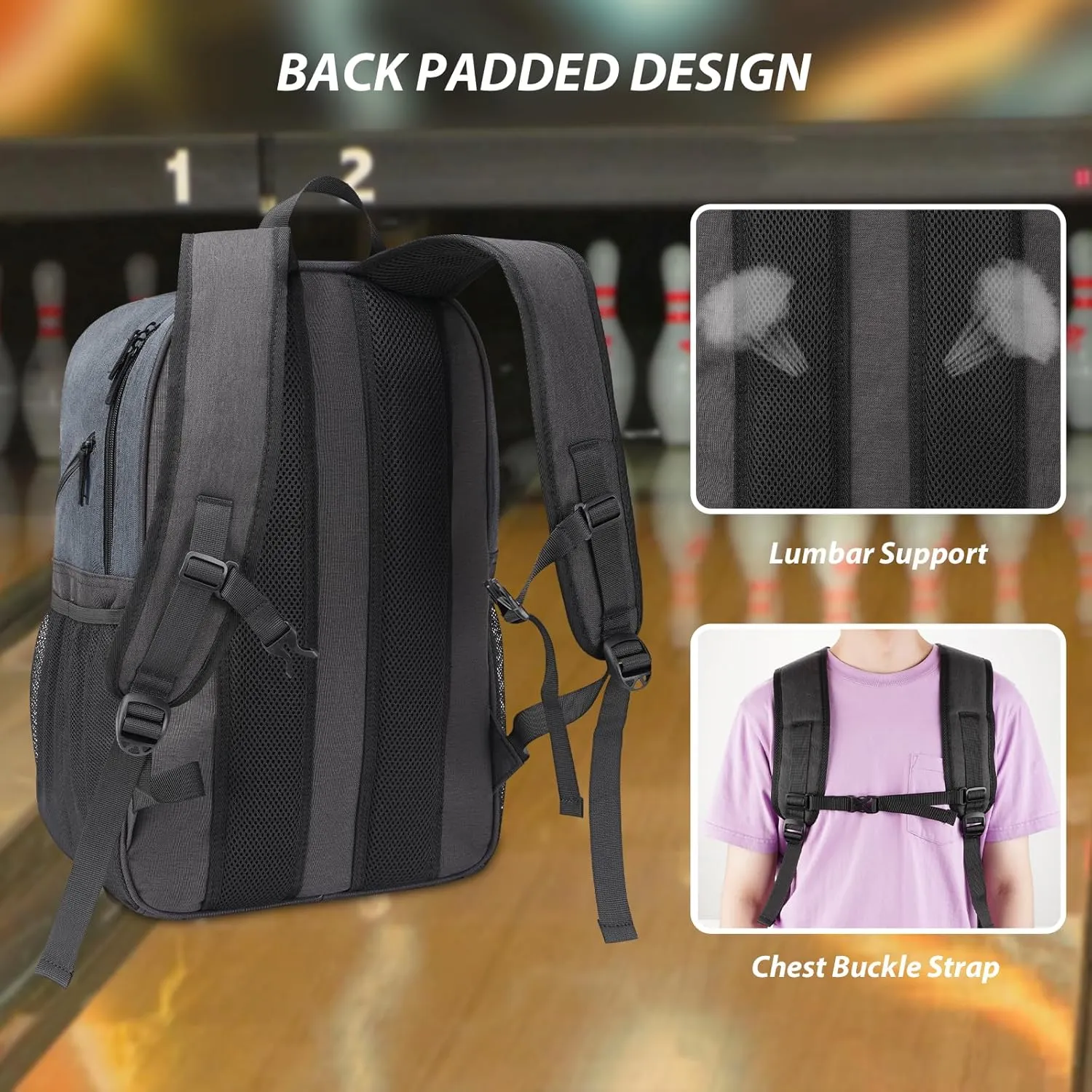 Bosynoy Bowling Backpack, Bowling Ball Bag for Single Ball with Shoe Compartment & Protective Foam Padded, Fits Shoes Up to US Mens Size 16, Grey