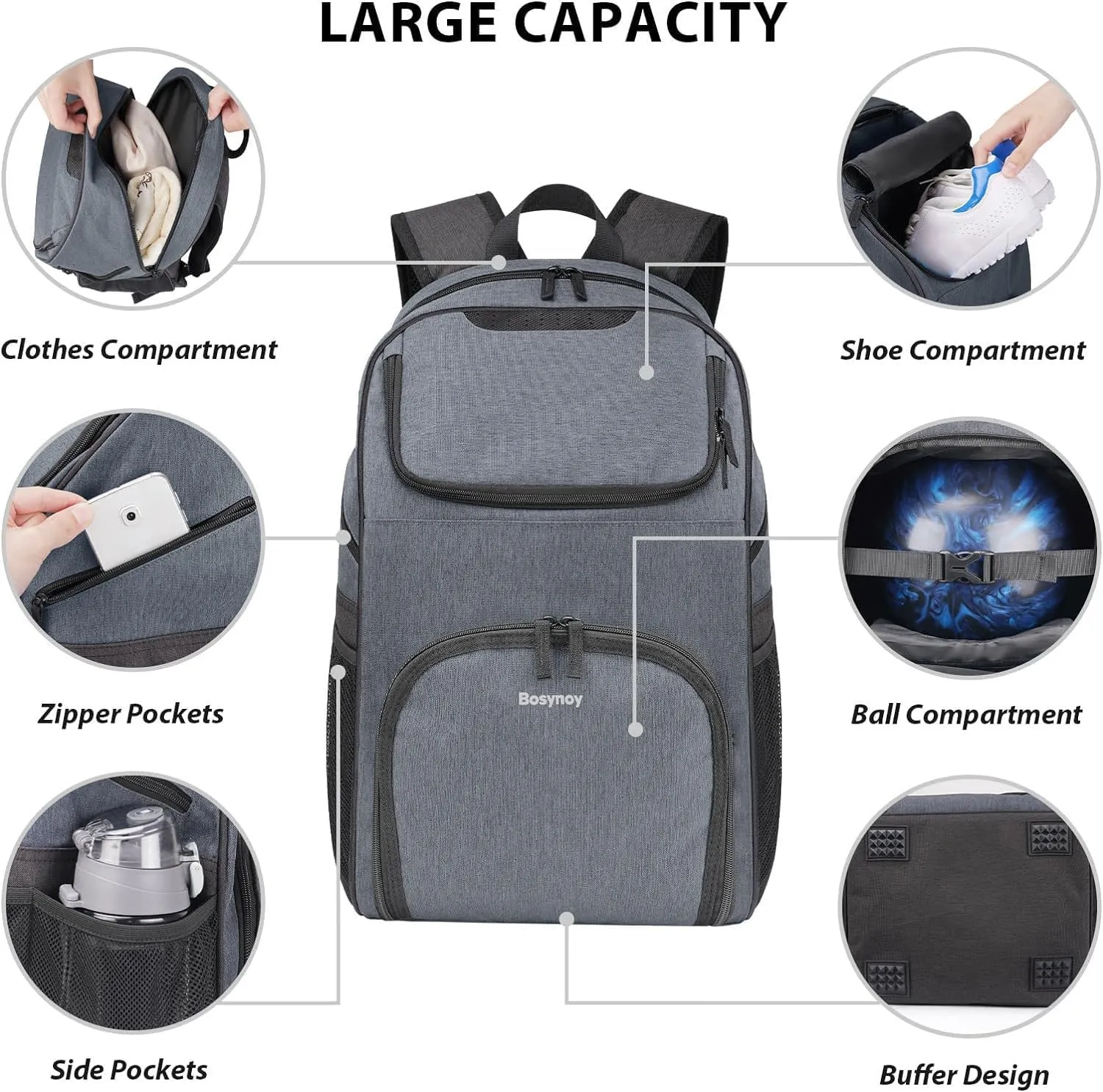 Bosynoy Bowling Backpack, Bowling Ball Bag for Single Ball with Shoe Compartment & Protective Foam Padded, Fits Shoes Up to US Mens Size 16, Grey