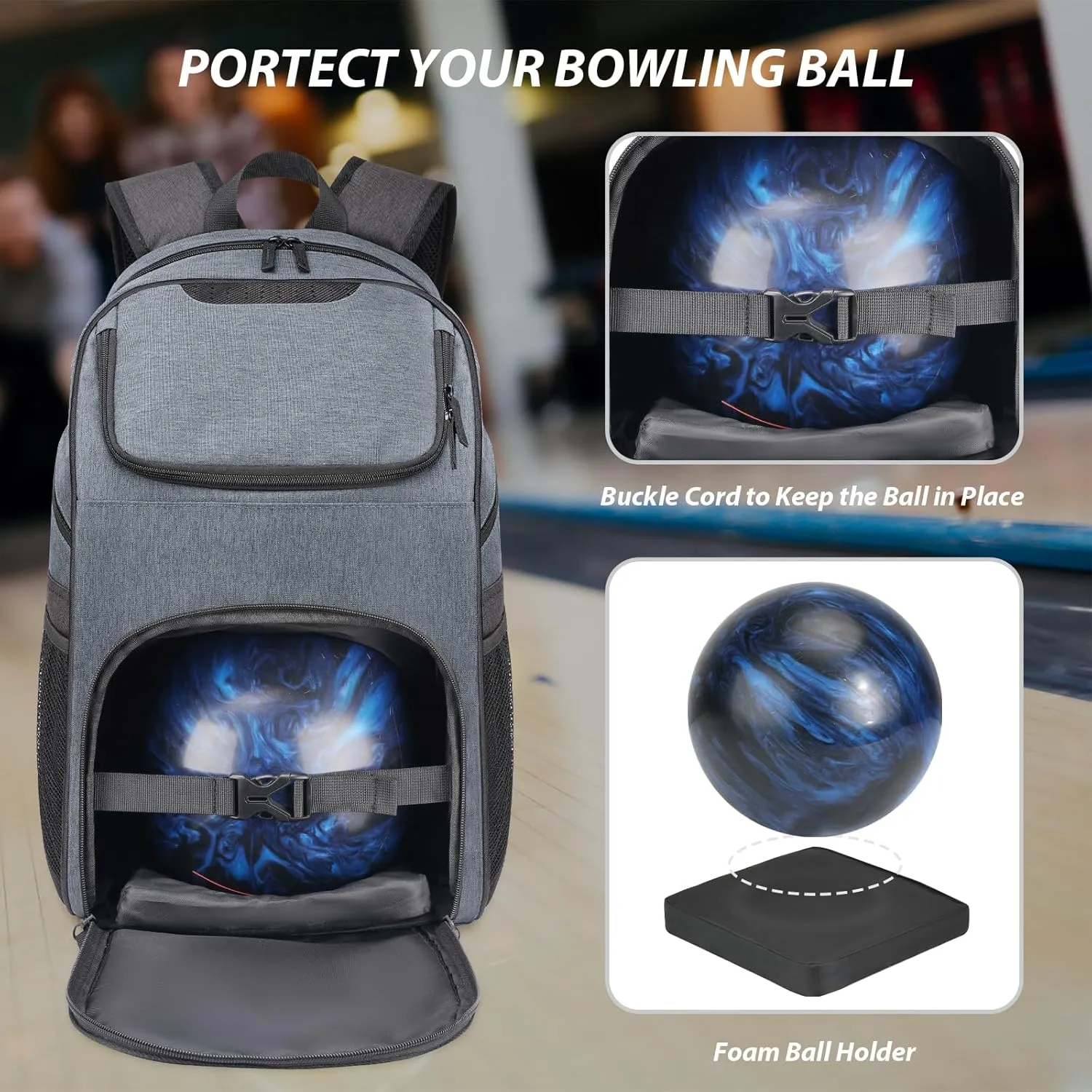 Bosynoy Bowling Backpack, Bowling Ball Bag for Single Ball with Shoe Compartment & Protective Foam Padded, Fits Shoes Up to US Mens Size 16, Grey