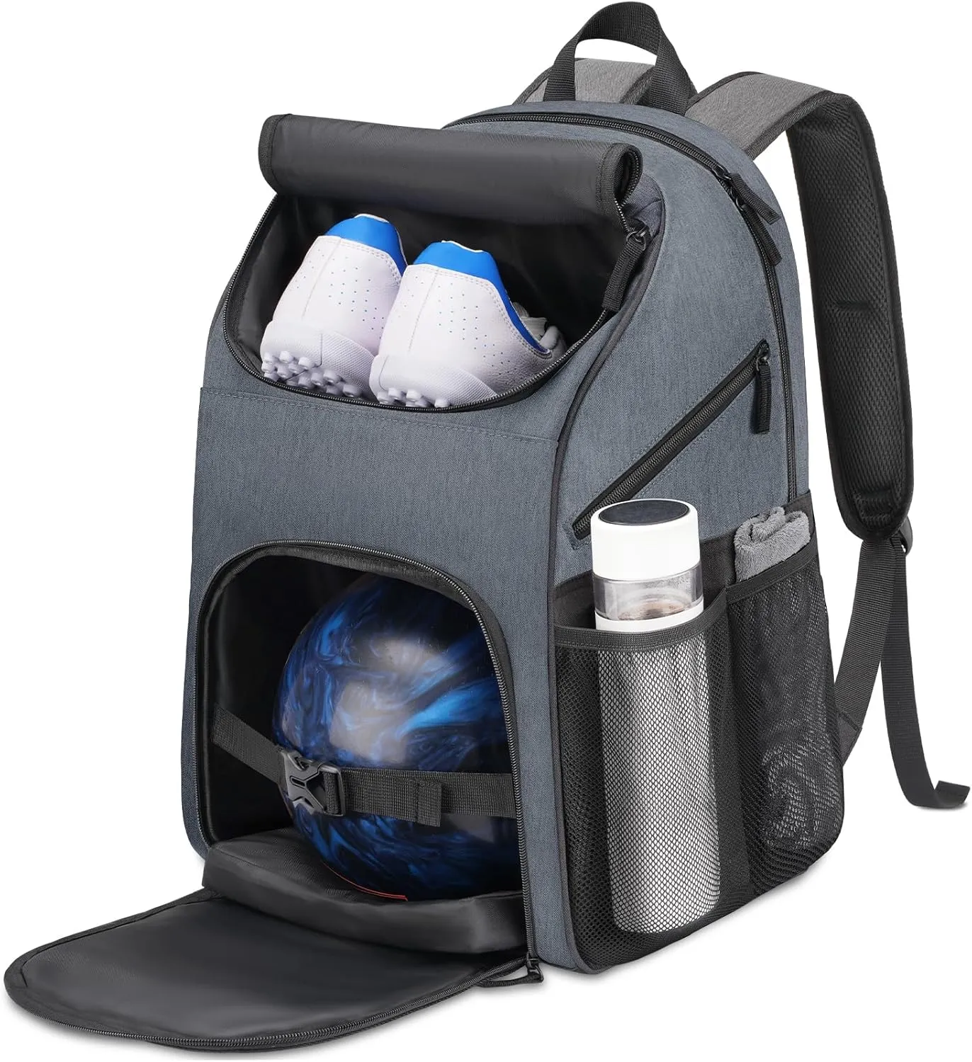 Bosynoy Bowling Backpack, Bowling Ball Bag for Single Ball with Shoe Compartment & Protective Foam Padded, Fits Shoes Up to US Mens Size 16, Grey