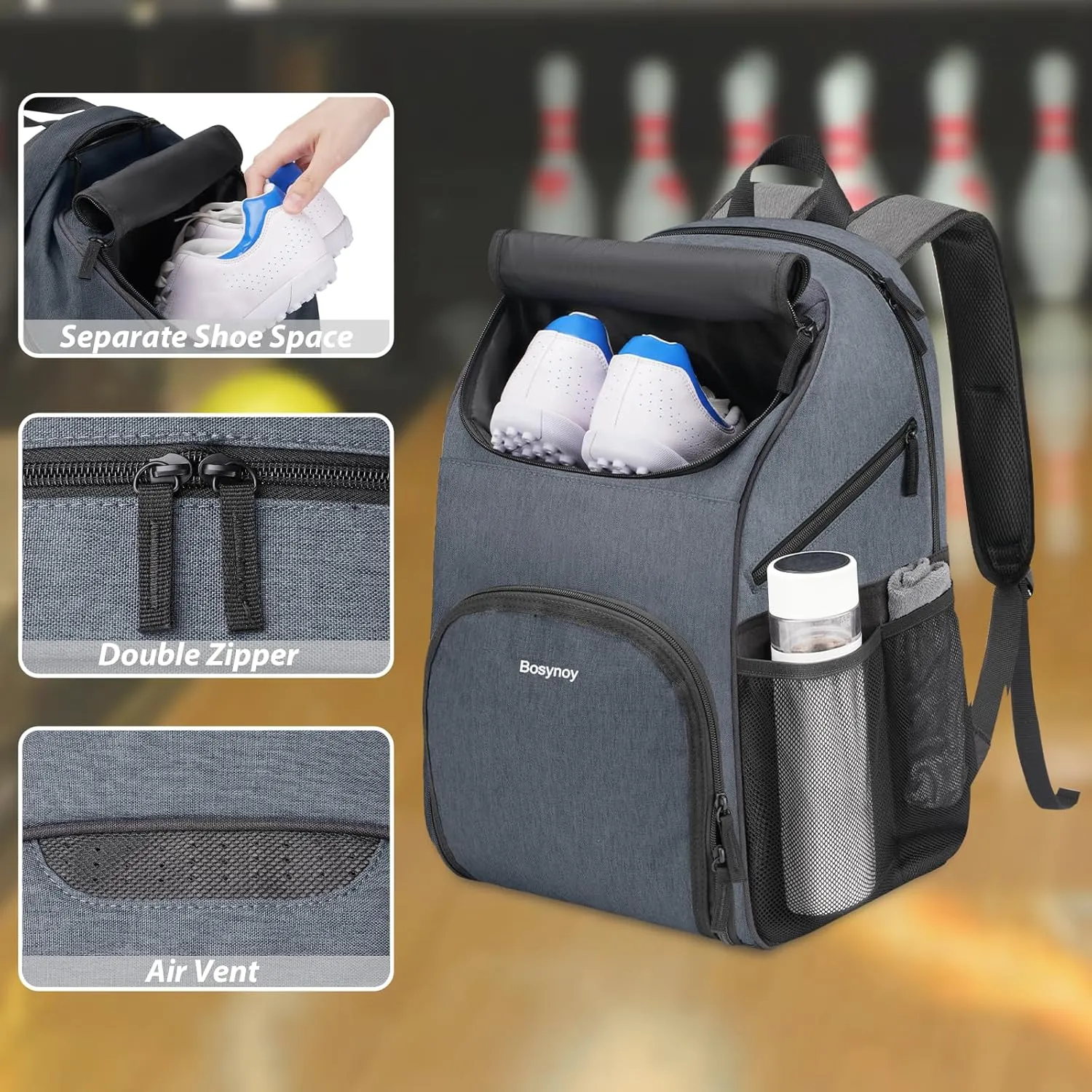 Bosynoy Bowling Backpack, Bowling Ball Bag for Single Ball with Shoe Compartment & Protective Foam Padded, Fits Shoes Up to US Mens Size 16, Grey
