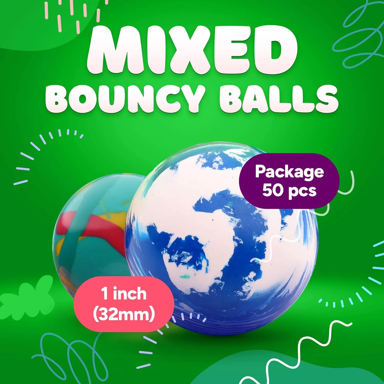 Bouncy Balls Assorted Bulk Toys Pack 50psc 1.26inch 32mm - Super Ball for Toddlers and Adults Party Favors Pinata Filler Goodie Bags Stuffers for Kids Treasure Box Toys for Classroom Carnival Prizes