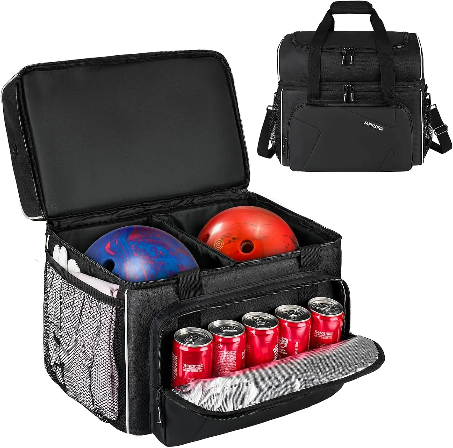 Bowling Bag for 2 Balls With Ball Holder, Fits Single Pair of Shoes Up to Size 16 for Men