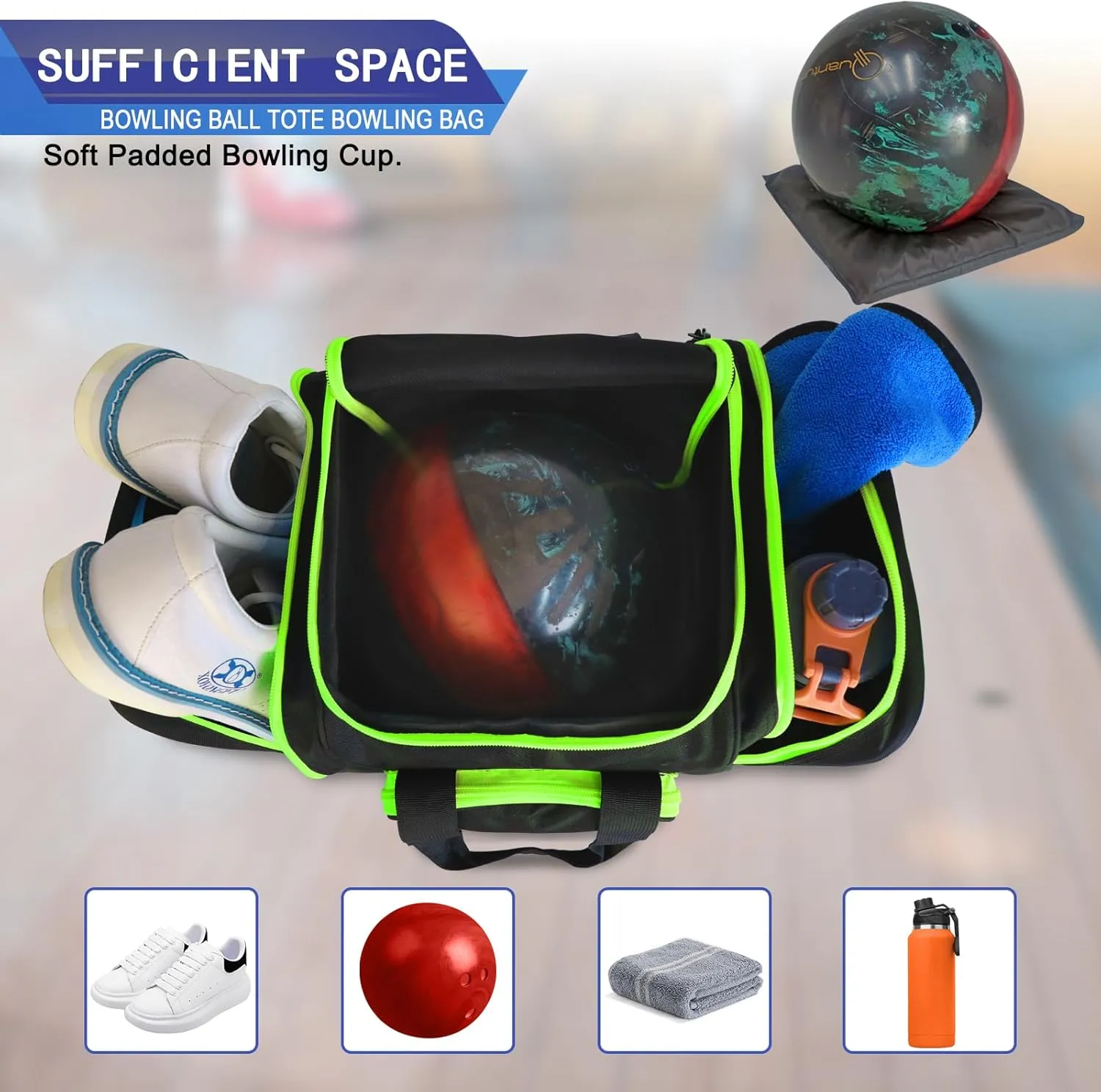 Bowling Ball Bag for Single Ball, 2022 Bowling Ball Tote Bowling bag with Padded Holder - Fits Shoes up to Mens Size 14 and Bowling Accessories