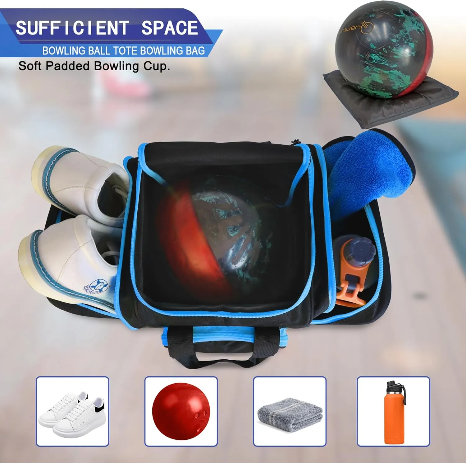 Bowling Ball Bag for Single Ball, 2022 Bowling Ball Tote Bowling bag with Padded Holder - Fits Shoes up to Mens Size 14 and Bowling Accessories