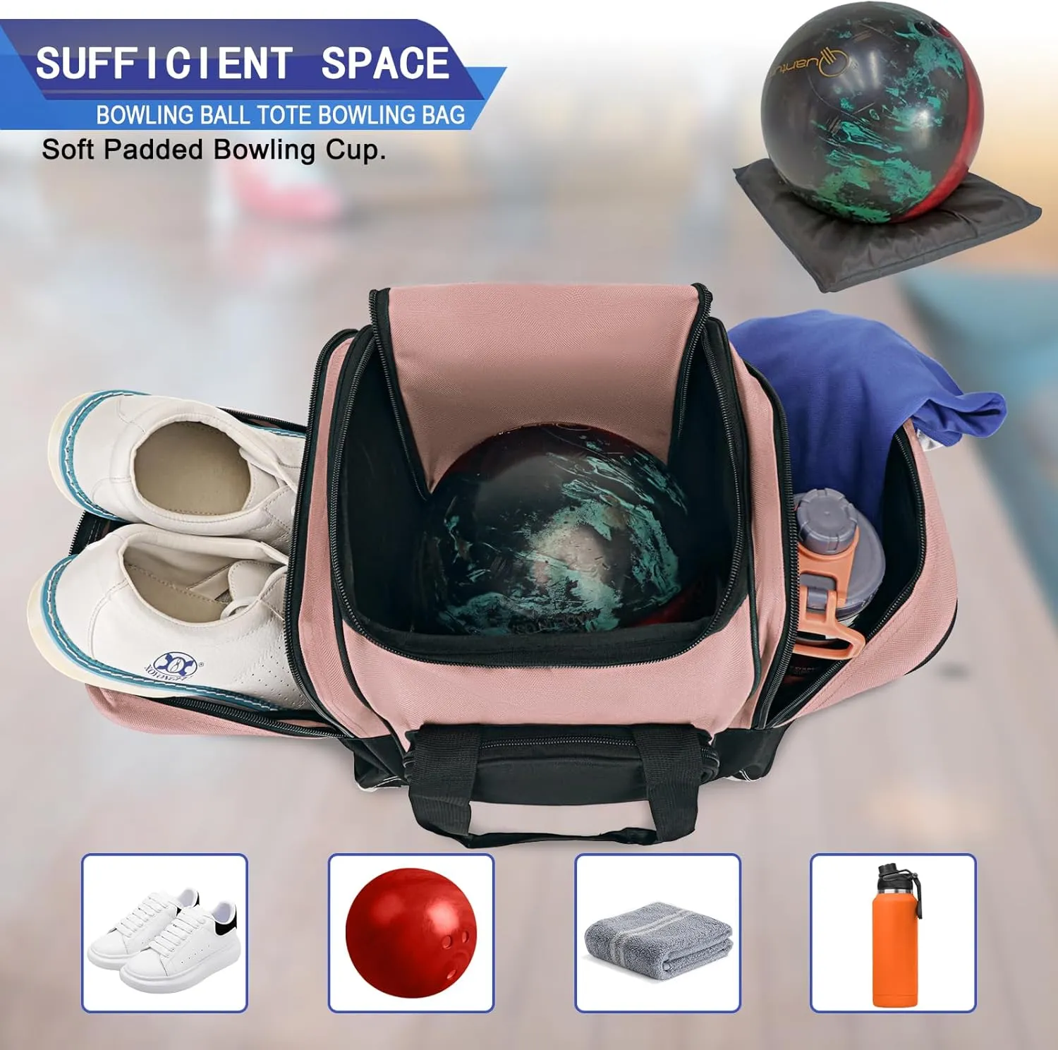 Bowling Ball Bag for Single Ball, 2022 Bowling Ball Tote Bowling bag with Padded Holder - Fits Shoes up to Mens Size 14 and Bowling Accessories
